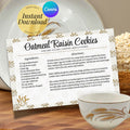 Golden Wheat inspired recipe card displayed with a completed oatmeal raisin cookie recipe beside vintage wheat-pattern dishes. The main product image identifies the 4 x 6 inch Canva template as an instant digital download for printing and personalizing.