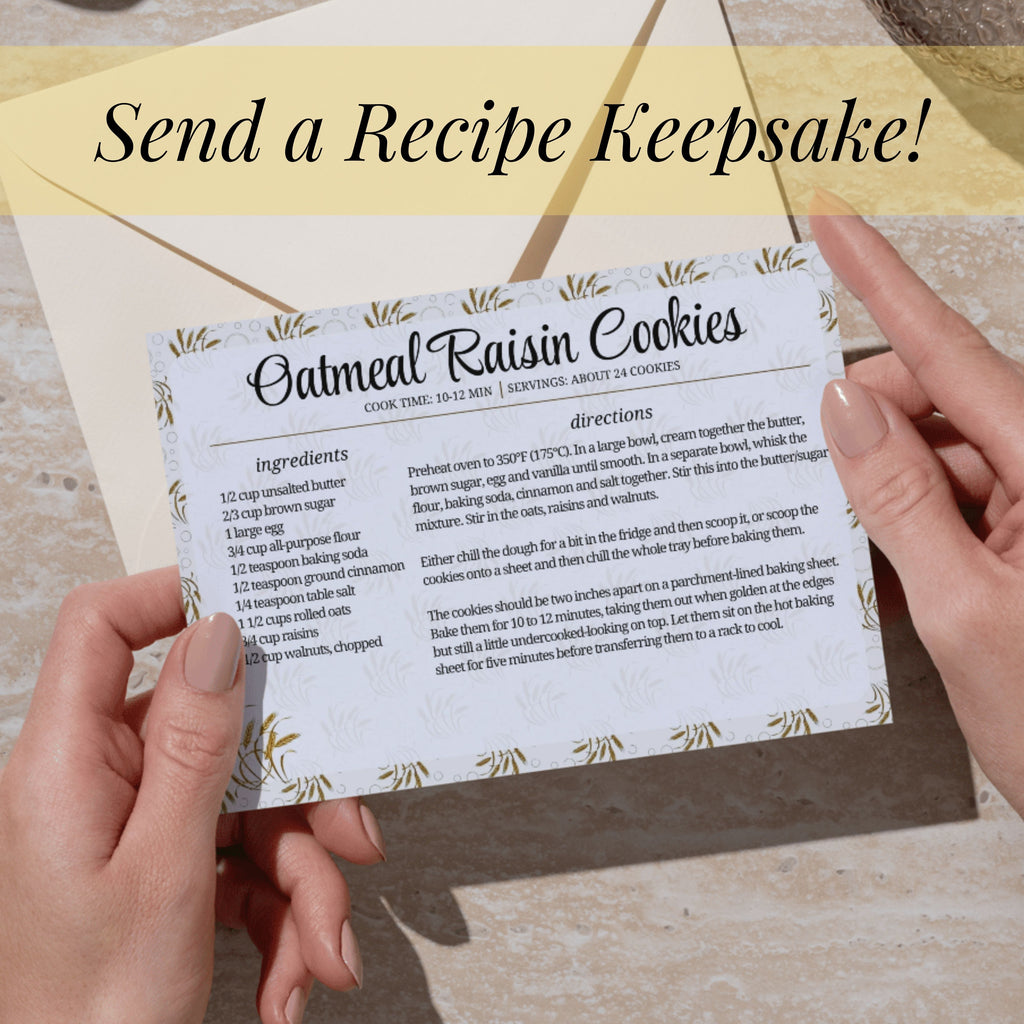 Person holding a completed Golden Wheat recipe card featuring an oatmeal raisin cookie recipe. The editable 4 x 6 inch template offers a nostalgic way to preserve family favorites and create keepsakes for collectors and loved ones.