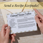 Person holding a completed Golden Wheat recipe card featuring an oatmeal raisin cookie recipe. The editable 4 x 6 inch template offers a nostalgic way to preserve family favorites and create keepsakes for collectors and loved ones.