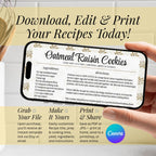 Golden Wheat recipe card displayed on a tablet with instructions to download, edit and print favorite recipes. The graphic explains that customers can open the included template in Canva, personalize the content and save the finished design.