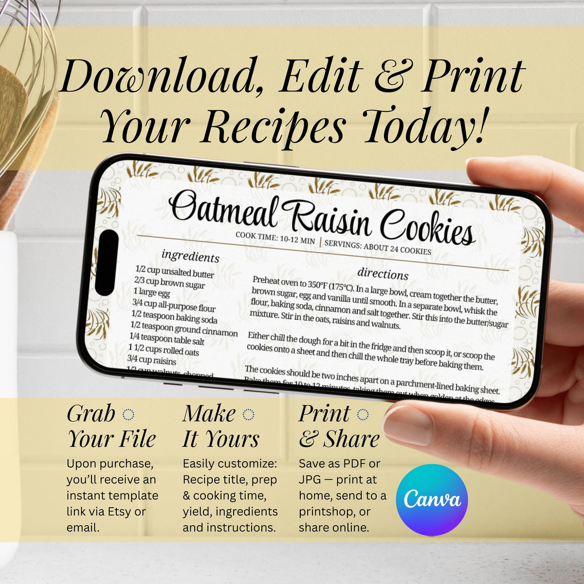 Golden Wheat recipe card displayed on a tablet with instructions to download, edit and print favorite recipes. The graphic explains that customers can open the included template in Canva, personalize the content and save the finished design.