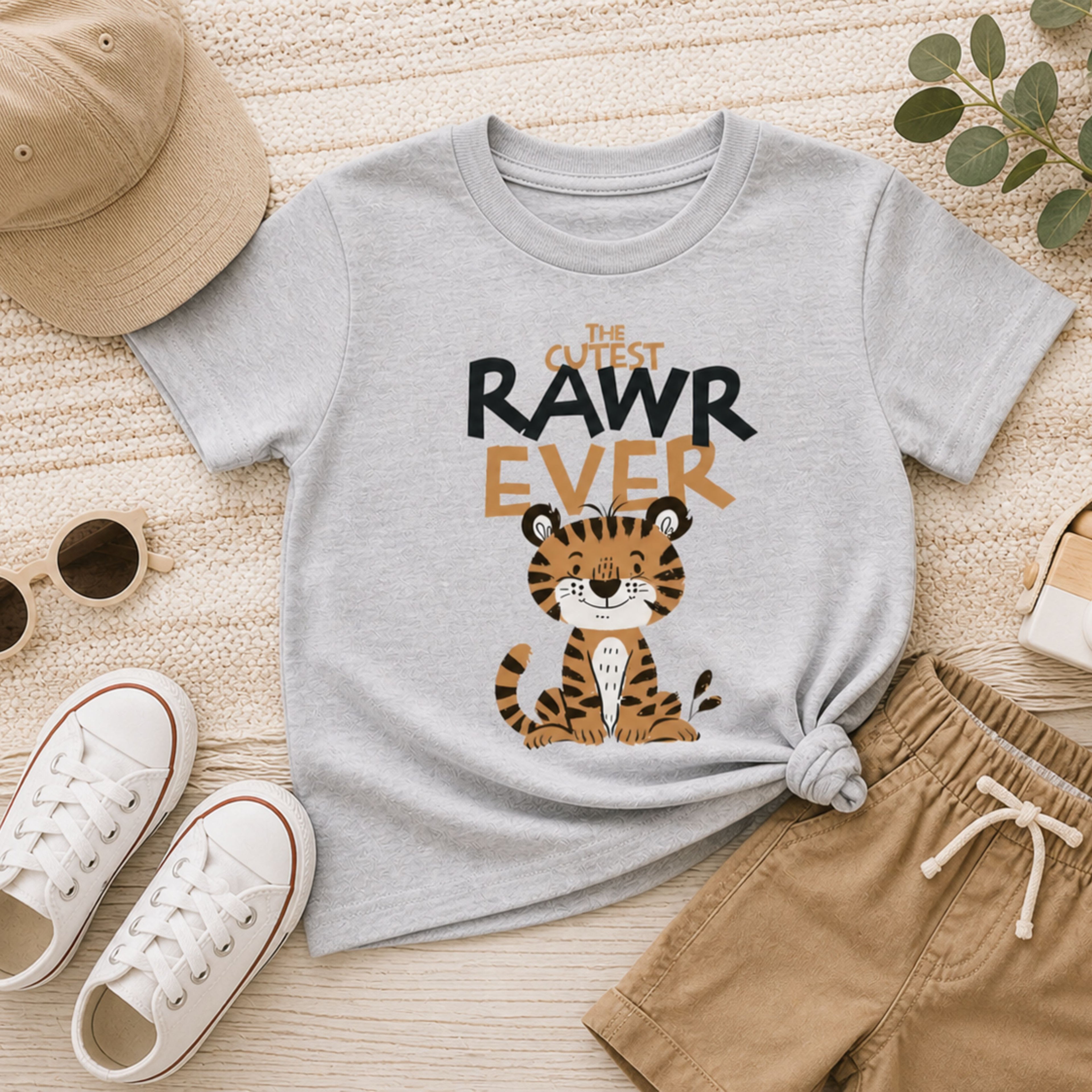 Light gray toddler tee with cute tiger graphic and “Cutest RAWR Ever” text, styled with tan shorts, sneakers, and neutral accessories for a soft, everyday kids outfit look.