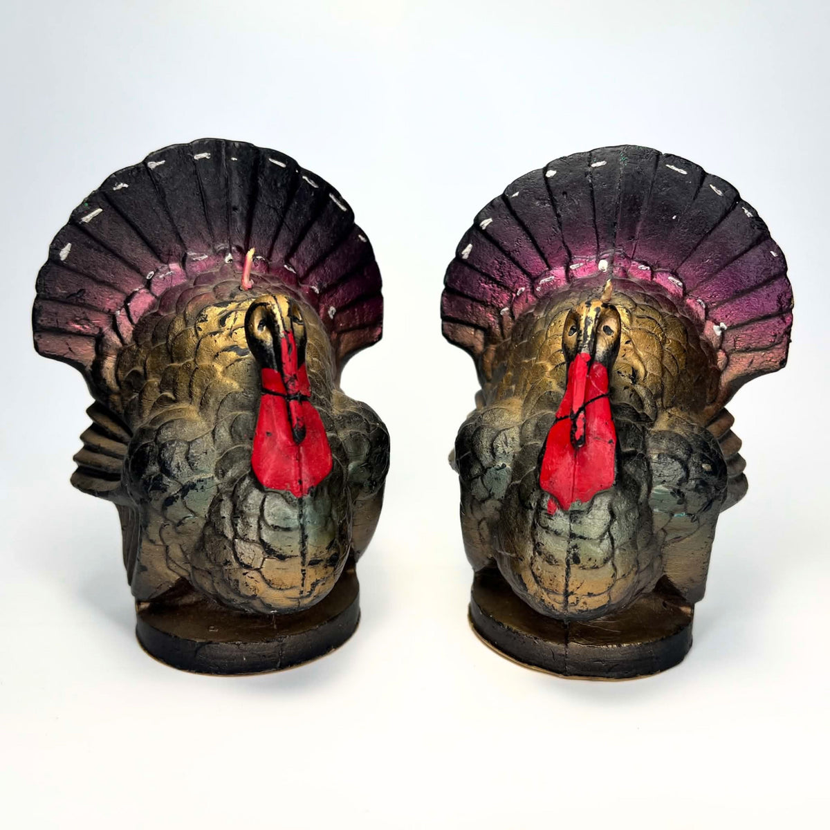 Large Vintage Gurley Turkey Candle Pair | Plum & Gold Thanksgiving Decor, 89¢ Labels