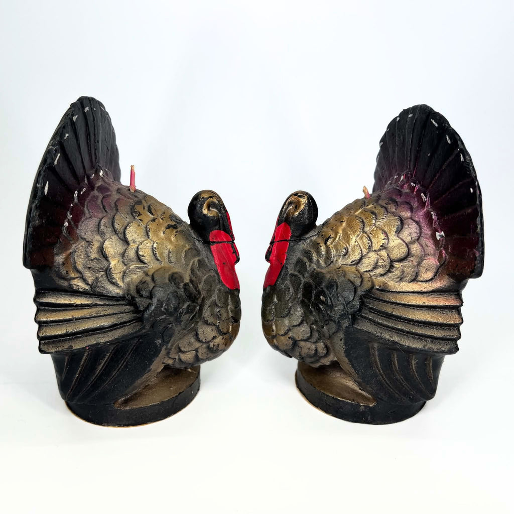 Large Vintage Gurley Turkey Candle Pair | Plum & Gold Thanksgiving Decor, 89¢ Labels