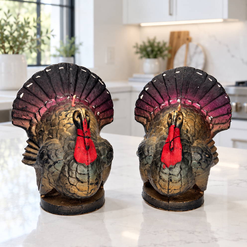 Large Vintage Gurley Turkey Candle Pair | Plum & Gold Thanksgiving Decor, 89¢ Labels