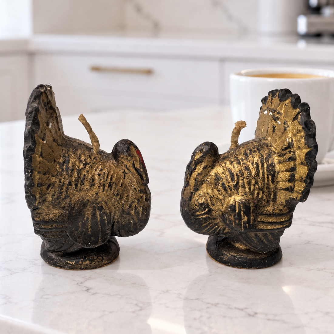 Vintage Gurley Mini Gold Turkey Candles | Pair of 3-Inch Thanksgiving Shelf Sitters with 15¢ Labels
