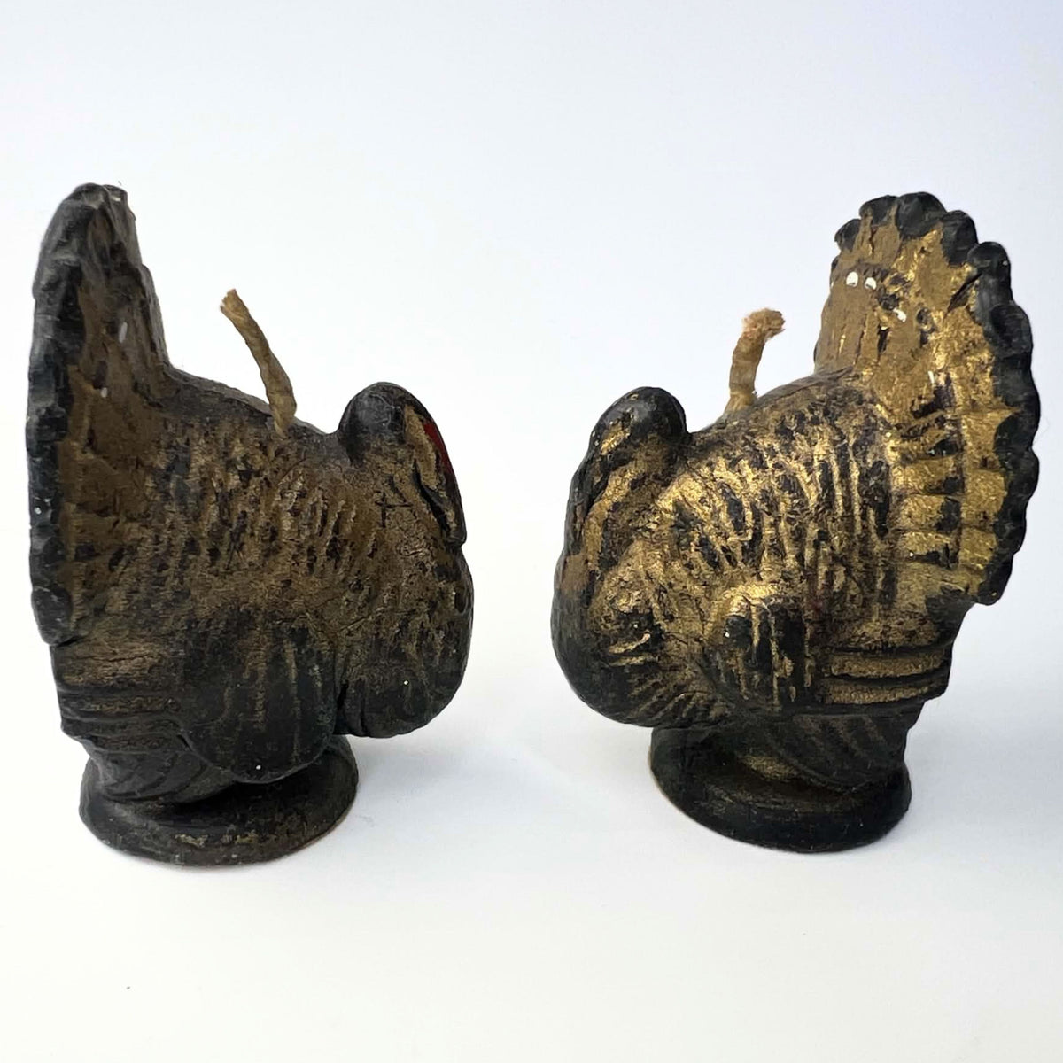 Vintage Gurley Mini Gold Turkey Candles | Pair of 3-Inch Thanksgiving Shelf Sitters with 15¢ Labels