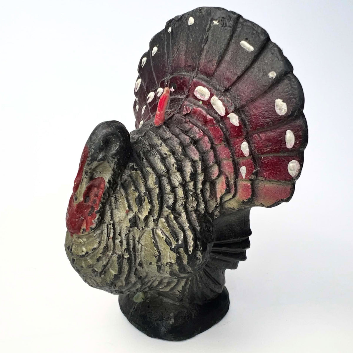 Vintage Gurley Turkey Candle | Burgundy Fan & White Dot Details, Primitive Thanksgiving Shelf Sitter