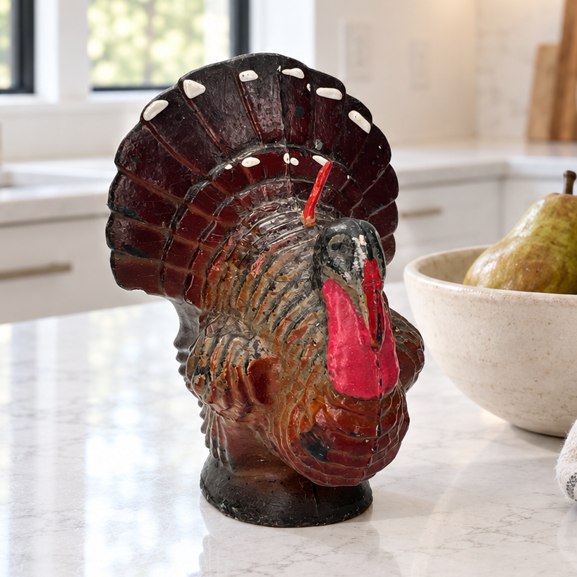 Vintage Gurley Turkey Candle | Mahogany & Russet Thanksgiving Shelf Sitter with Vintage 25¢ Label