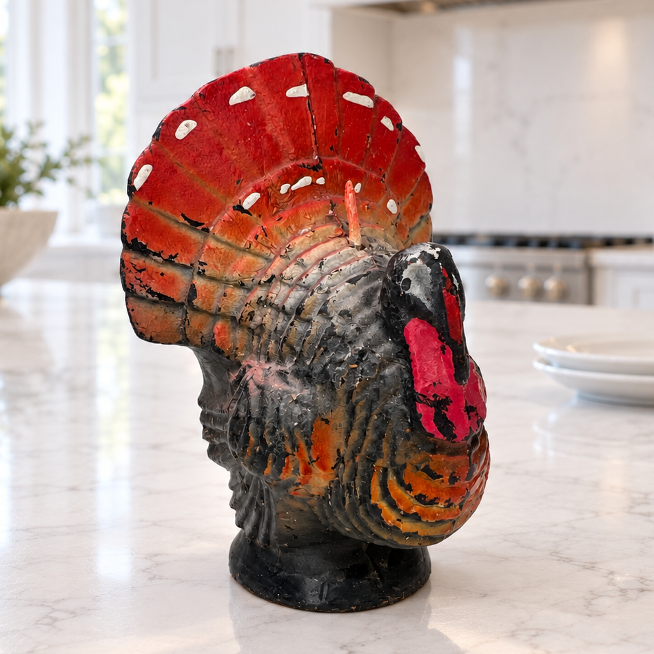 Vintage Gurley Turkey Candle | Red & Burnt Orange Flat-Back Thanksgiving Decor with Original 29¢ Label