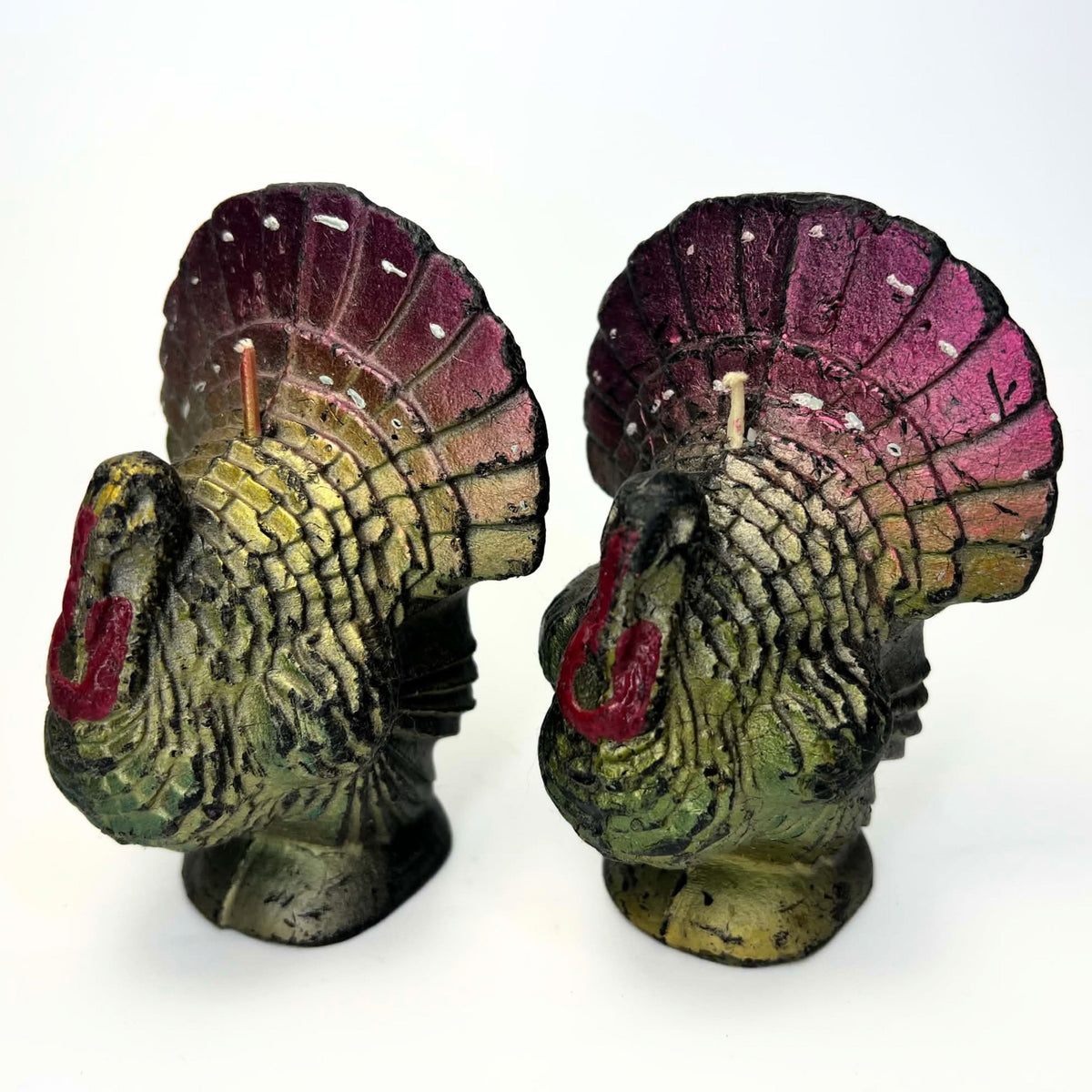 Vintage Gurley Turkey Candle Pair | Magenta & Sage Green Flat-Back Thanksgiving Shelf Sitters