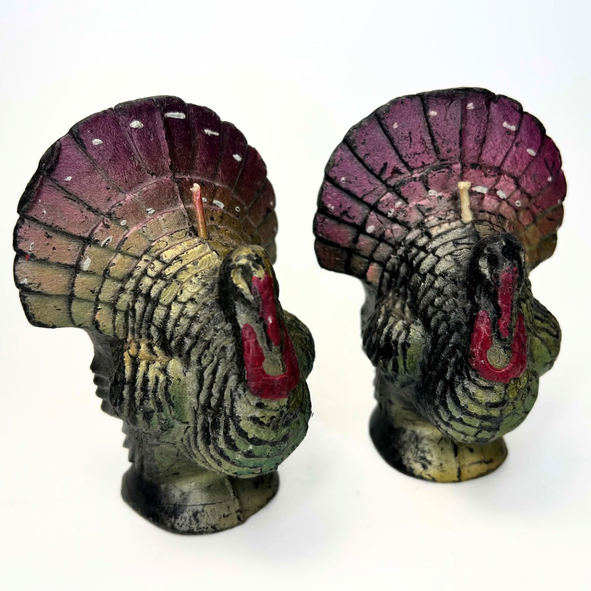 Vintage Gurley Turkey Candle Pair | Magenta & Sage Green Flat-Back Thanksgiving Shelf Sitters