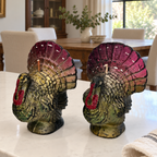 Vintage Gurley Turkey Candle Pair | Magenta & Sage Green Flat-Back Thanksgiving Shelf Sitters