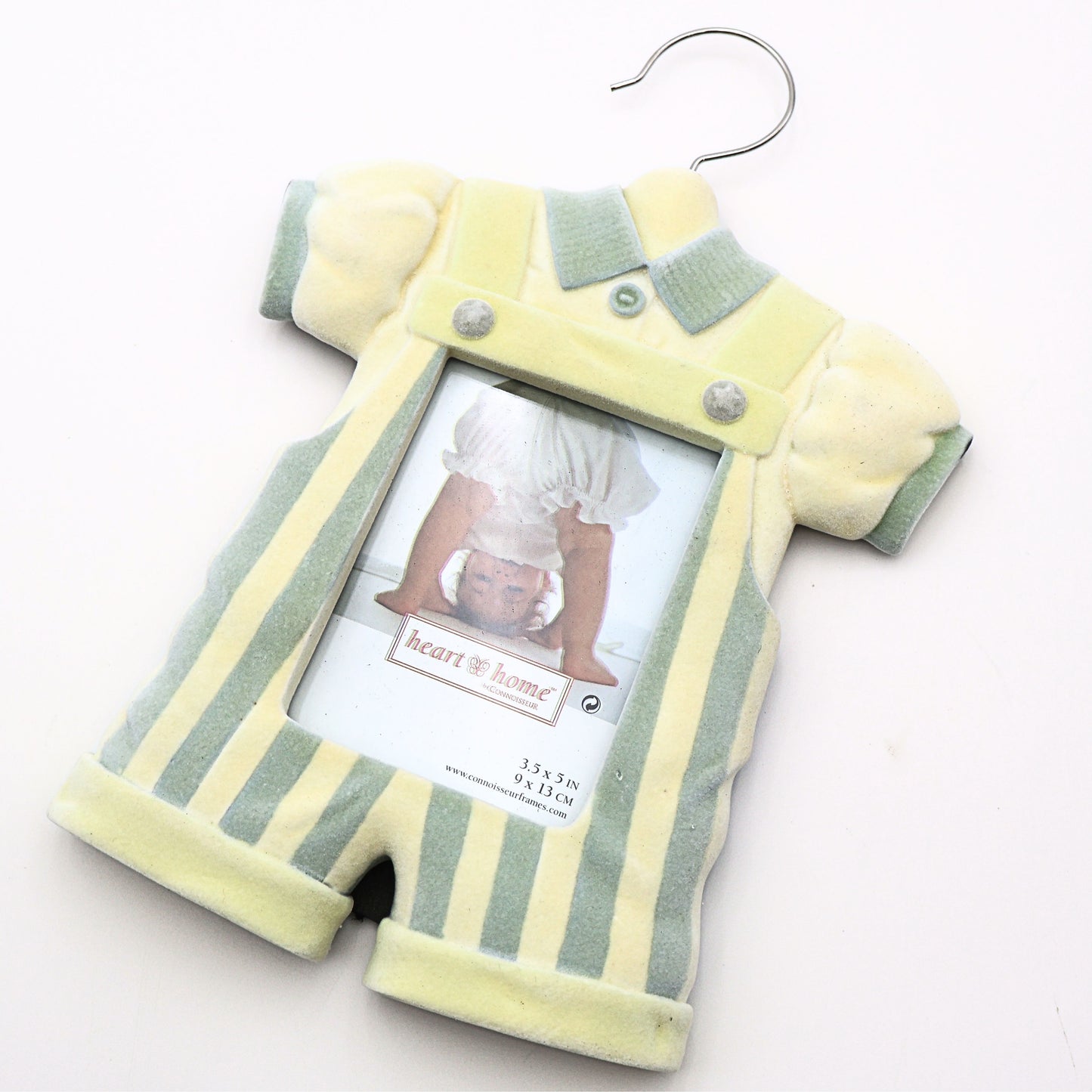 Vintage Baby Boy Picture Frame Nursery Decor with pastel yellow and light green romper design flocked resin finish and 3.5x5 photo opening by Heart & Home Connoisseur on white background