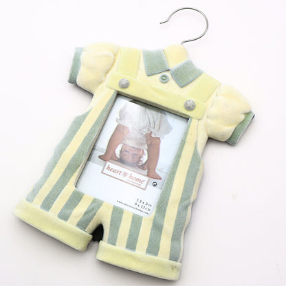 Vintage Baby Boy Picture Frame Nursery Decor with pastel yellow and light green romper design flocked resin finish and 3.5x5 photo opening by Heart & Home Connoisseur on white background