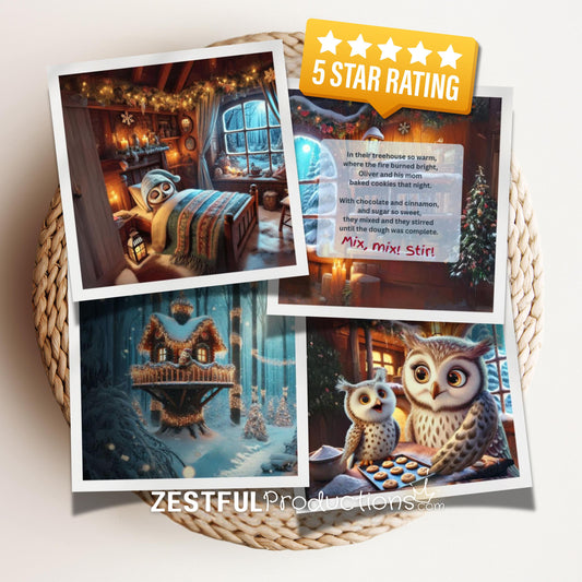 open Oliver the Owl A Sweet Season holiday cookbook showing colorful story pages and kid-friendly baking recipes