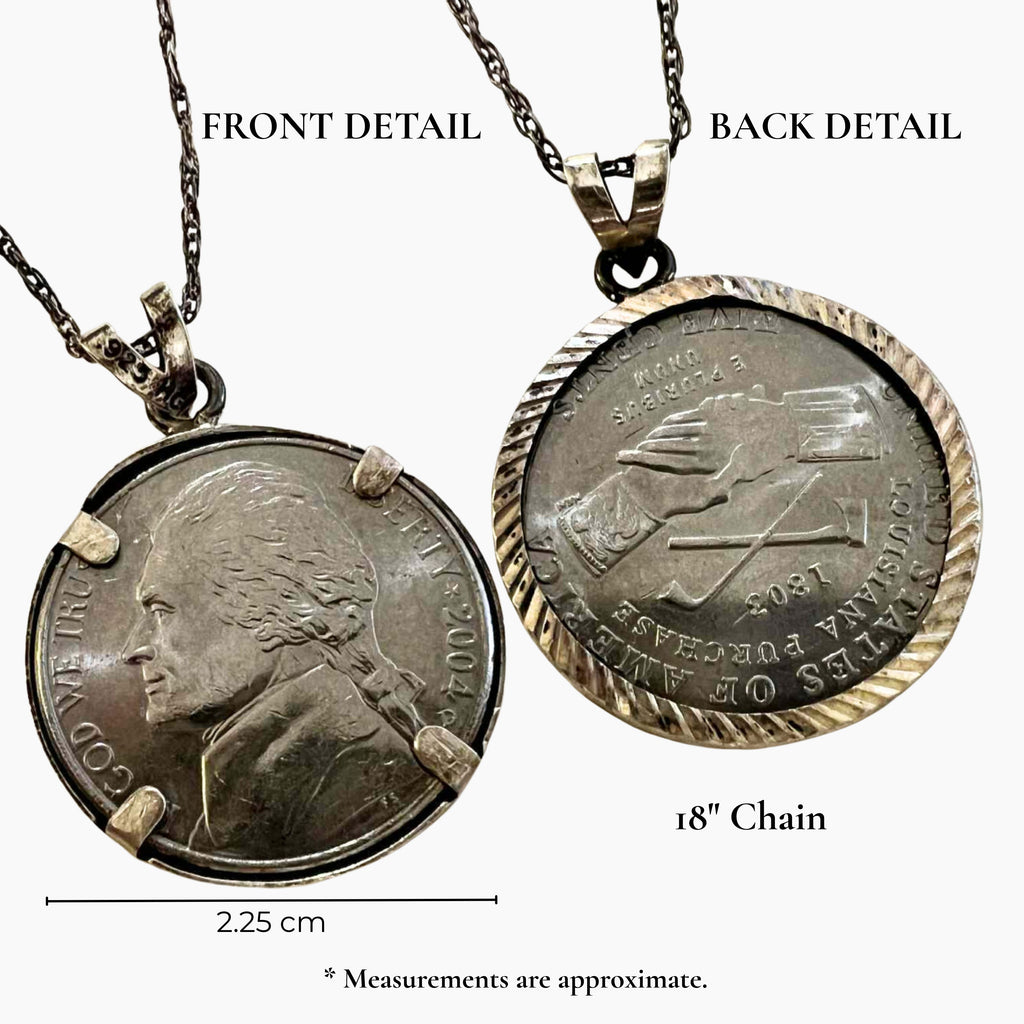 2004 Jefferson nickel necklace with sterling silver coin pendant showing front and back detail including Louisiana Purchase Westward Journey design, authentic US currency coin jewelry with 18 inch chain and 2.25 cm pendant size, vintage collectible coin necklace for history lovers and Americana jewelry collectors