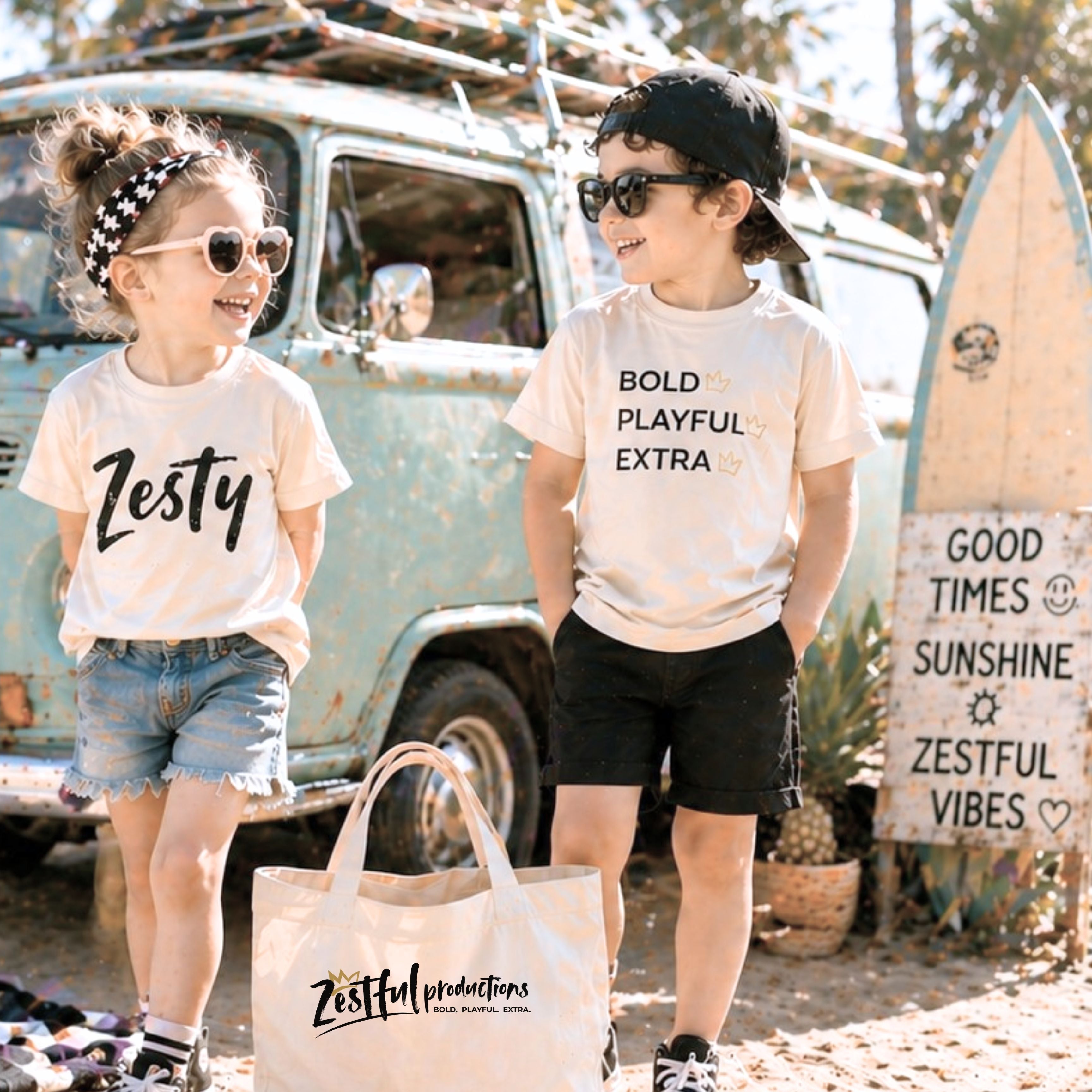 kids wearing graphic tees with playful summer outfits by vintage van with tote bag for children’s clothing and lifestyle brand