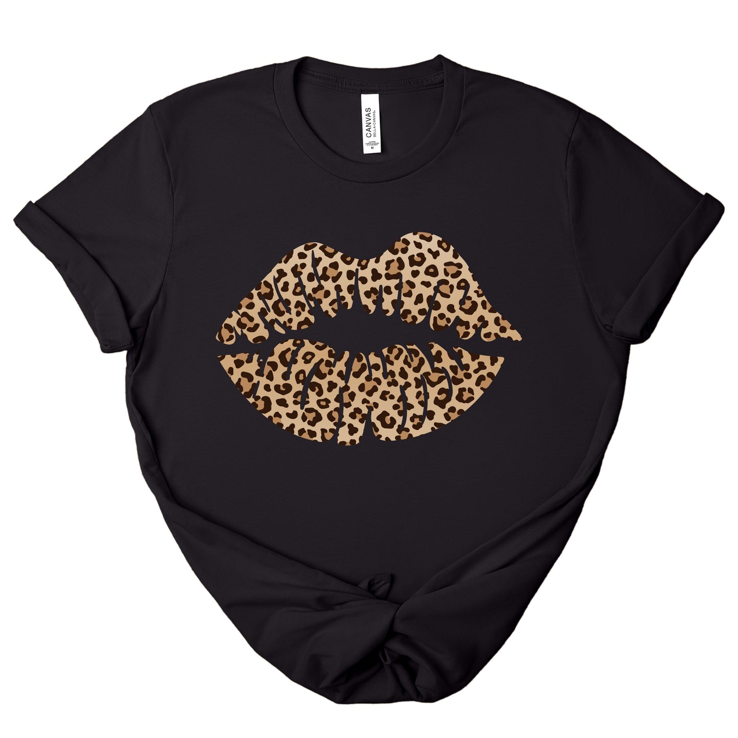 Black leopard kiss tee featuring a leopard print lip graphic on a classic crewneck t-shirt