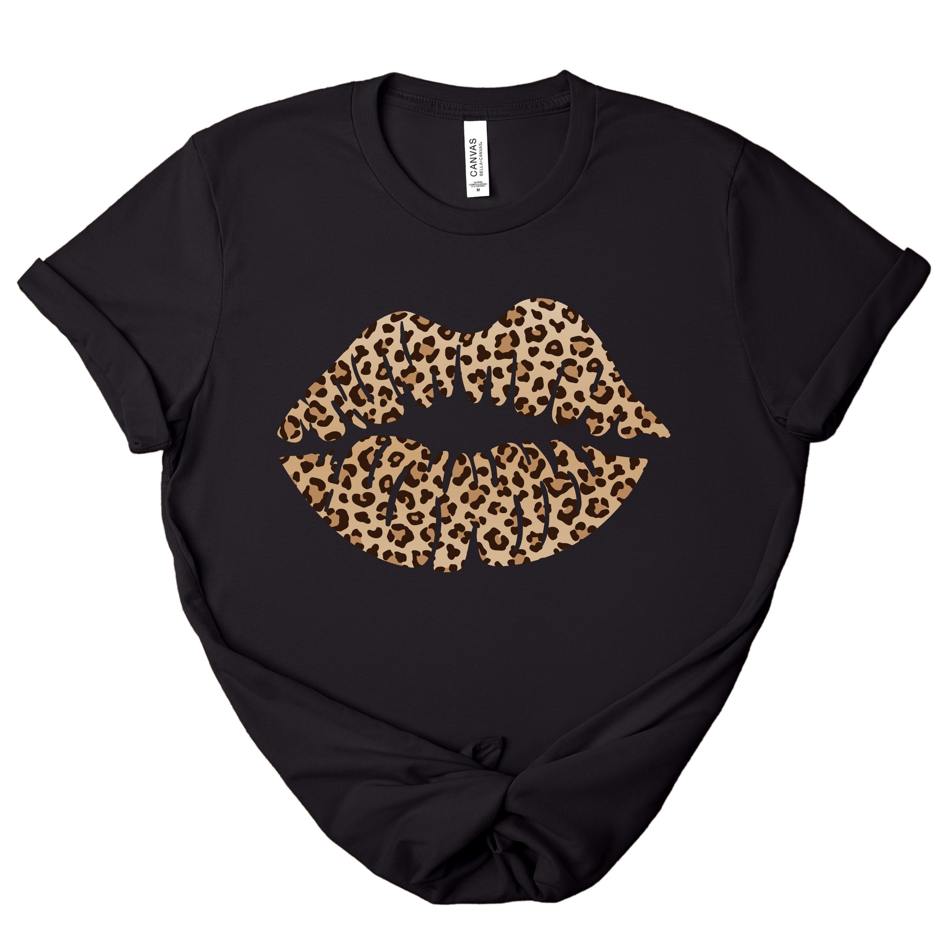 Black leopard kiss tee featuring a leopard print lip graphic on a classic crewneck t-shirt