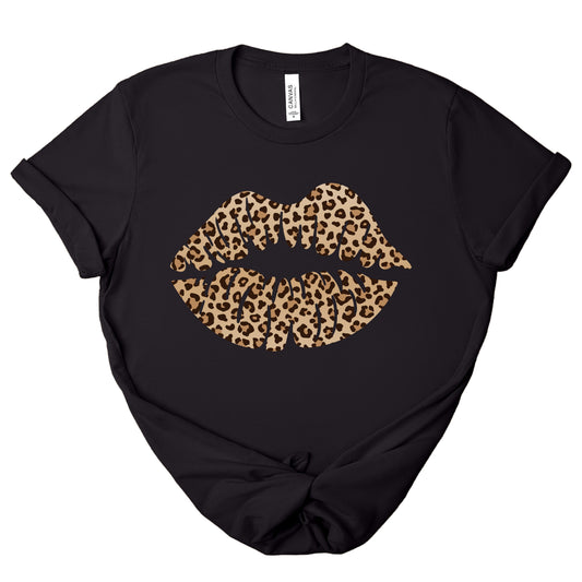Black leopard kiss tee featuring a leopard print lip graphic on a classic crewneck t-shirt