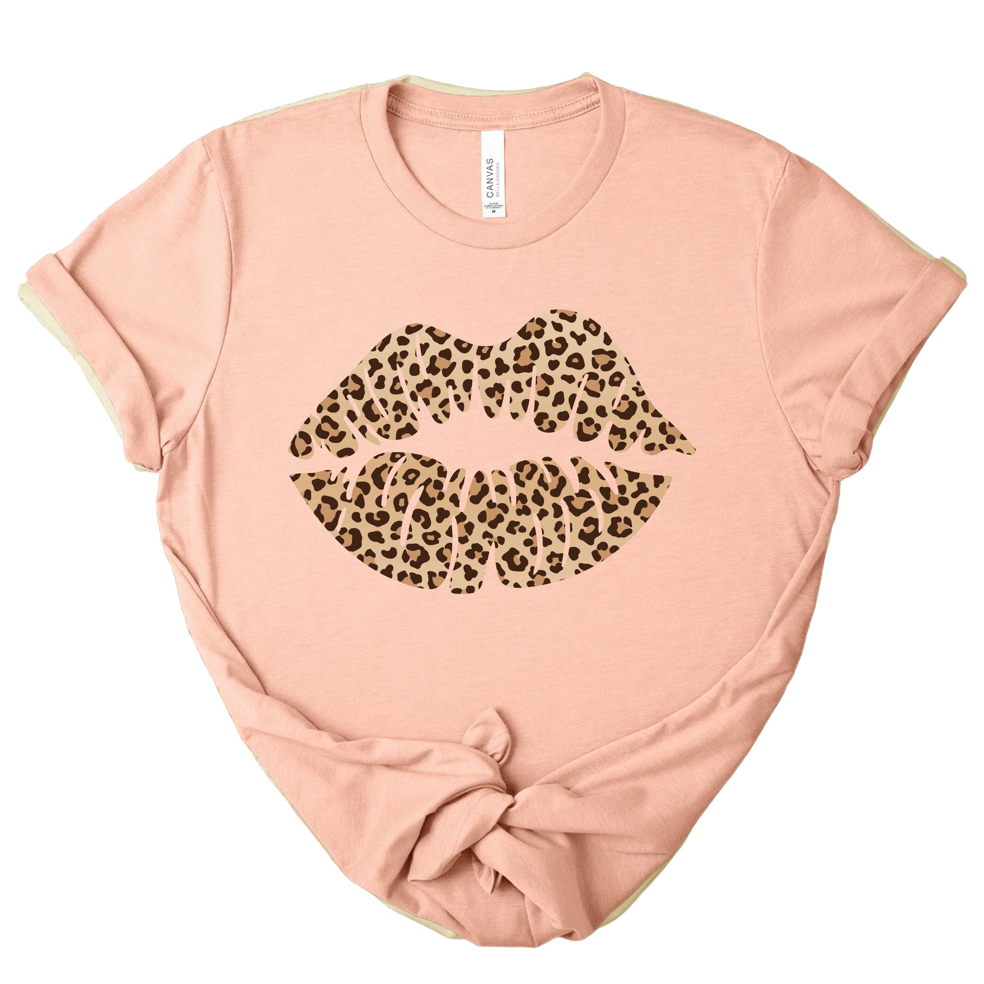 Blush pink leopard kiss tee with leopard print lips graphic on soft women’s t-shirt