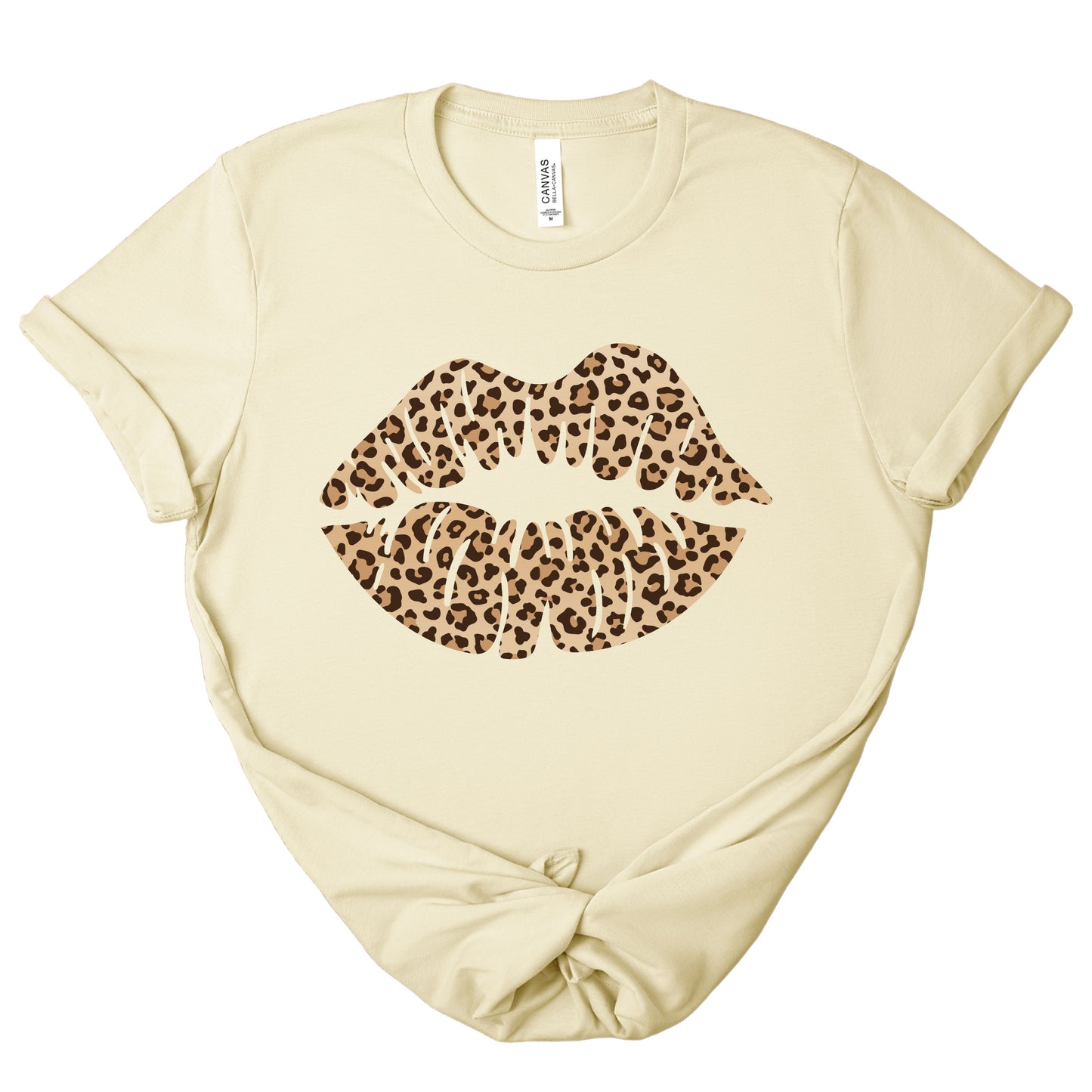 Cream leopard kiss tee with leopard print lip graphic on a relaxed women’s t-shirt