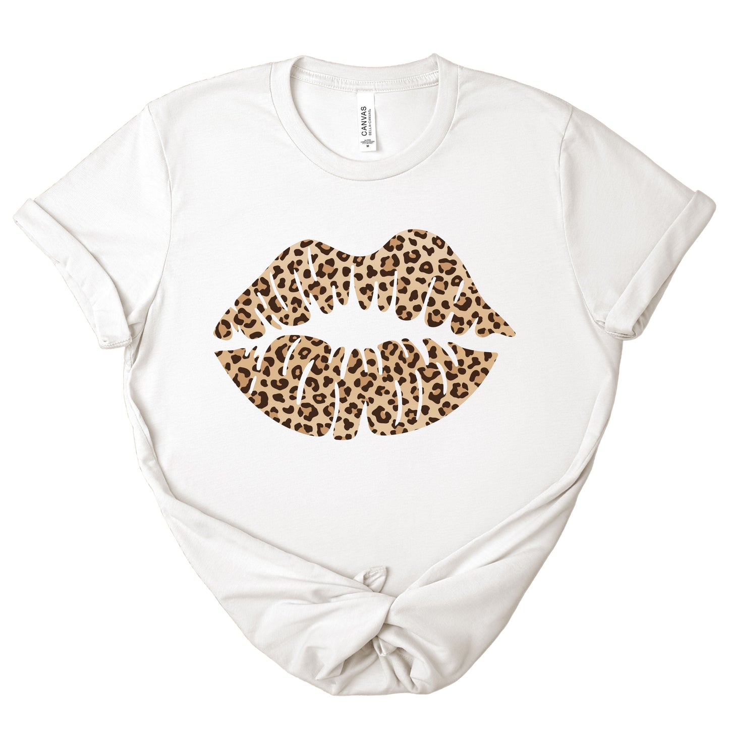 Leopard kiss tee shown in white featuring the leopard print lip graphic