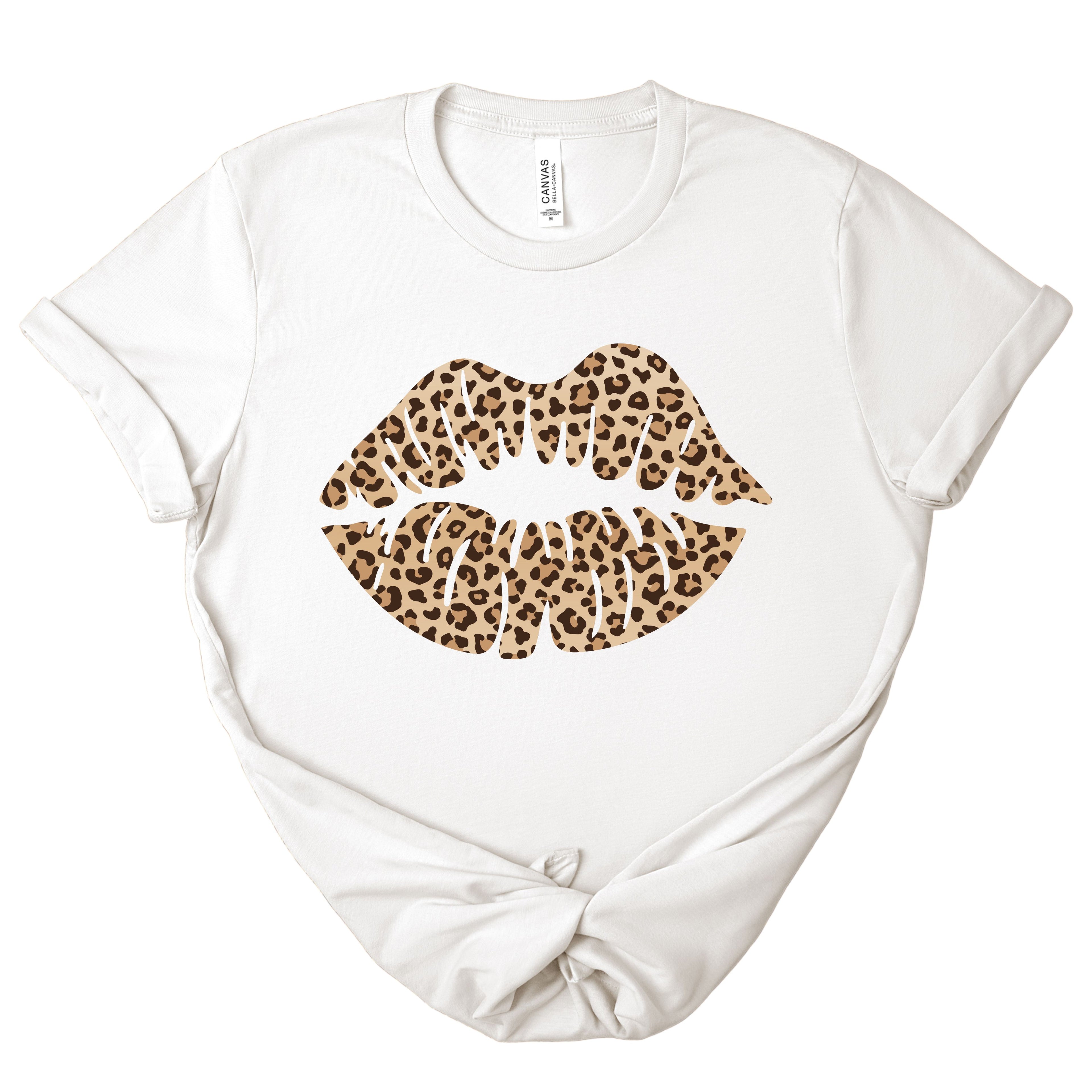 Leopard kiss tee shown in white featuring the leopard print lip graphic