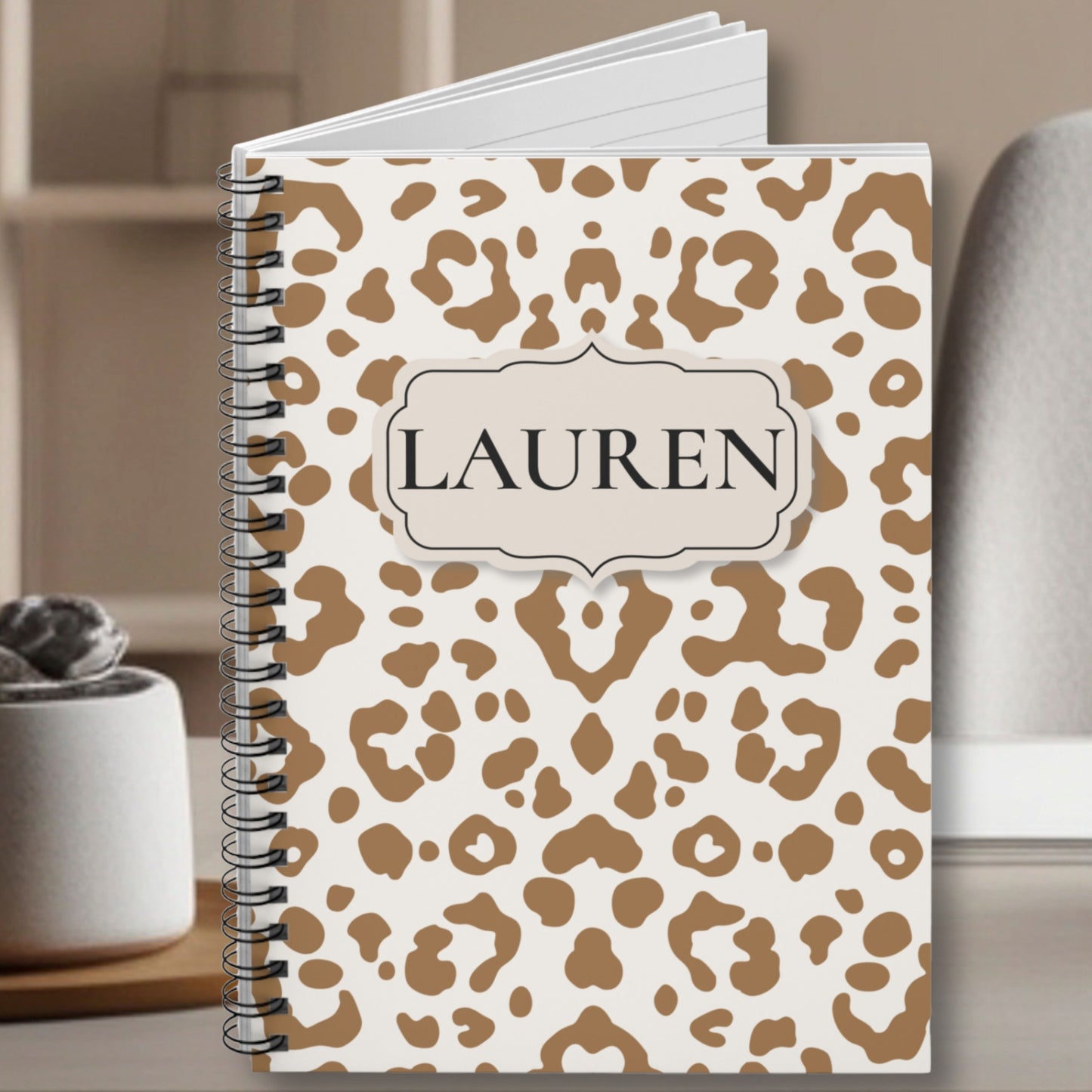 Personalized leopard print spiral notebook with custom name on ivory cover