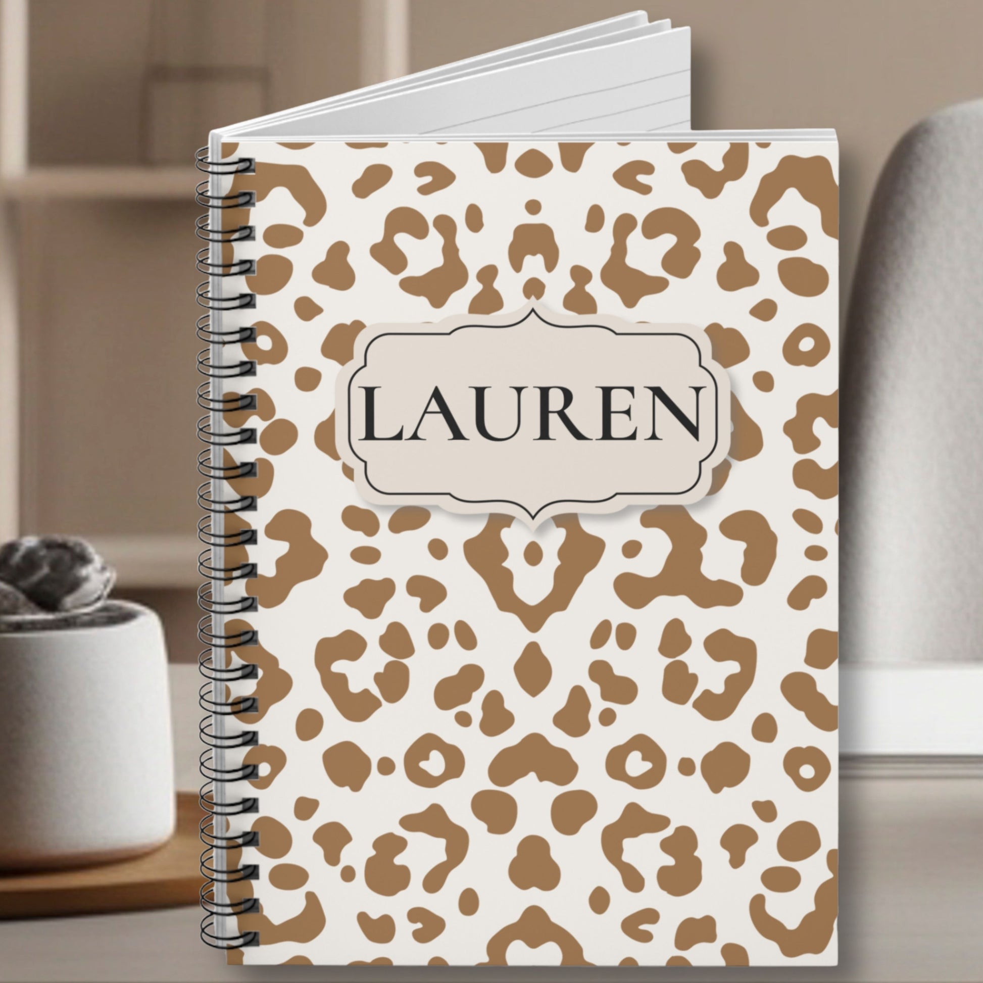 Personalized leopard print spiral notebook with custom name on ivory cover