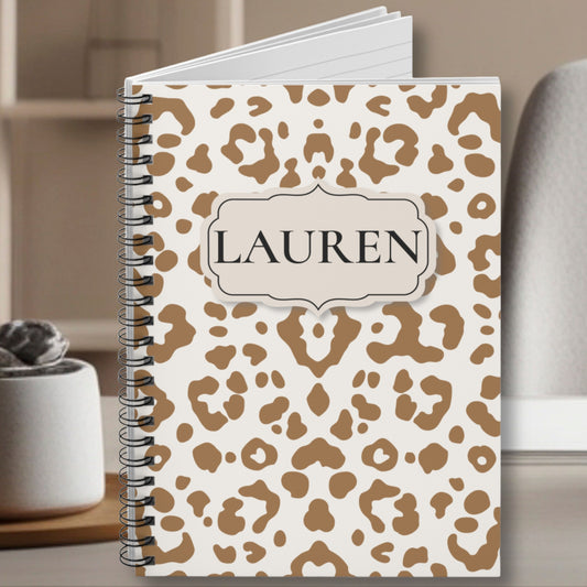 Personalized leopard print spiral notebook with custom name on ivory cover