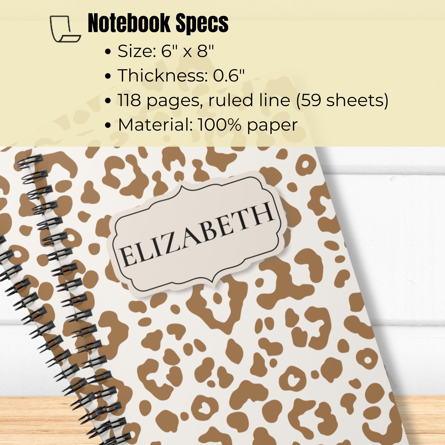 Close up of personalized name on leopard print notebook cover
