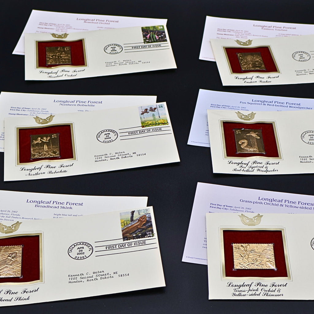 2002 Longleaf Pine Forest First Day Cover Set of 6 | USPS Nature of America 22kt Gold Replica Stamp Collection
