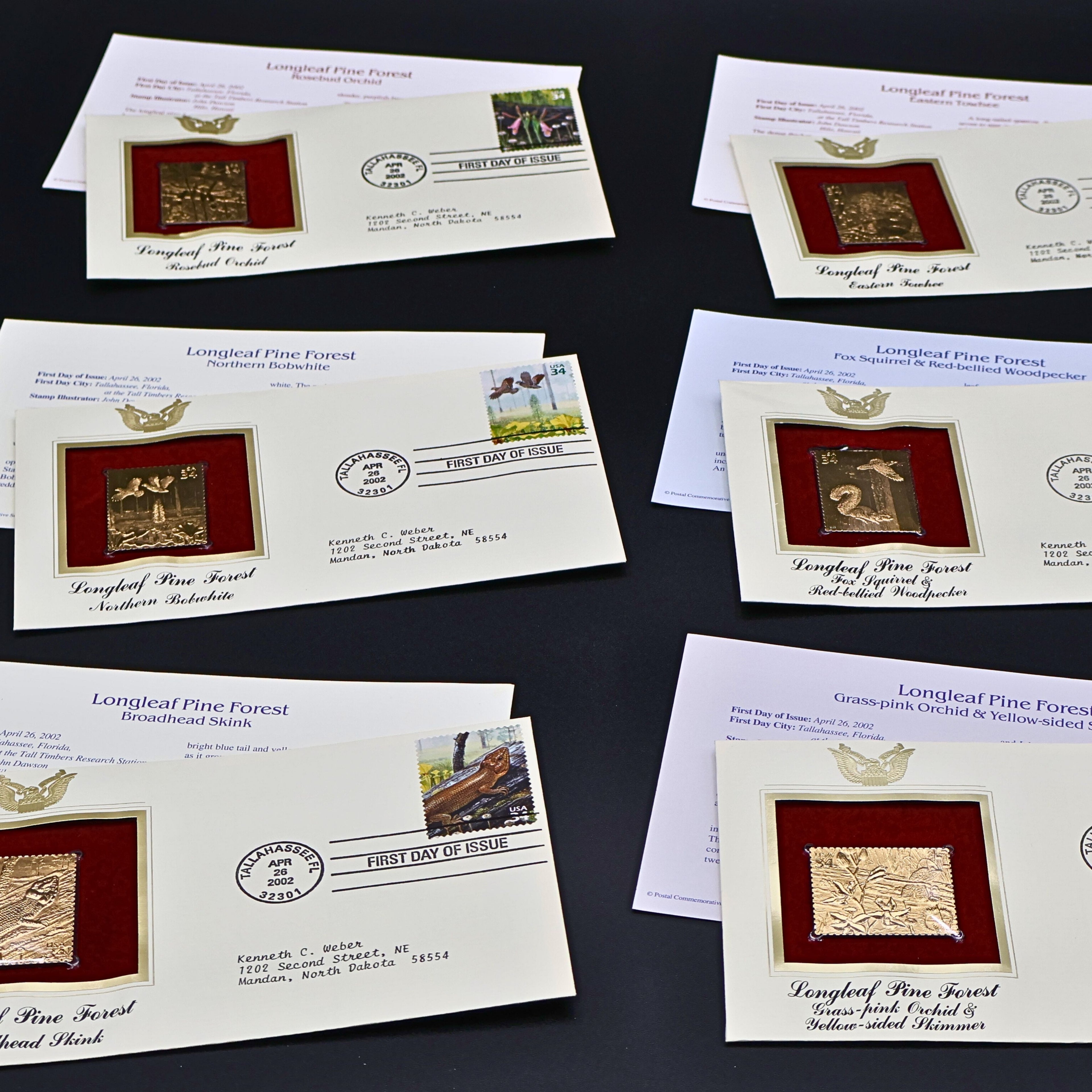 2002 Longleaf Pine Forest First Day Cover Set of 6 | USPS Nature of America 22kt Gold Replica Stamp Collection