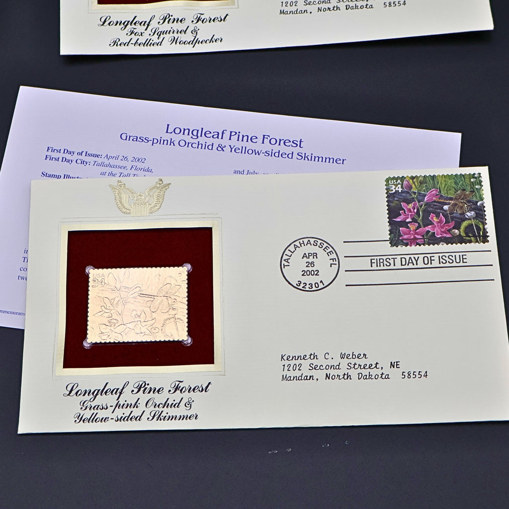 2002 Longleaf Pine Forest First Day Cover Set of 6 | USPS Nature of America 22kt Gold Replica Stamp Collection