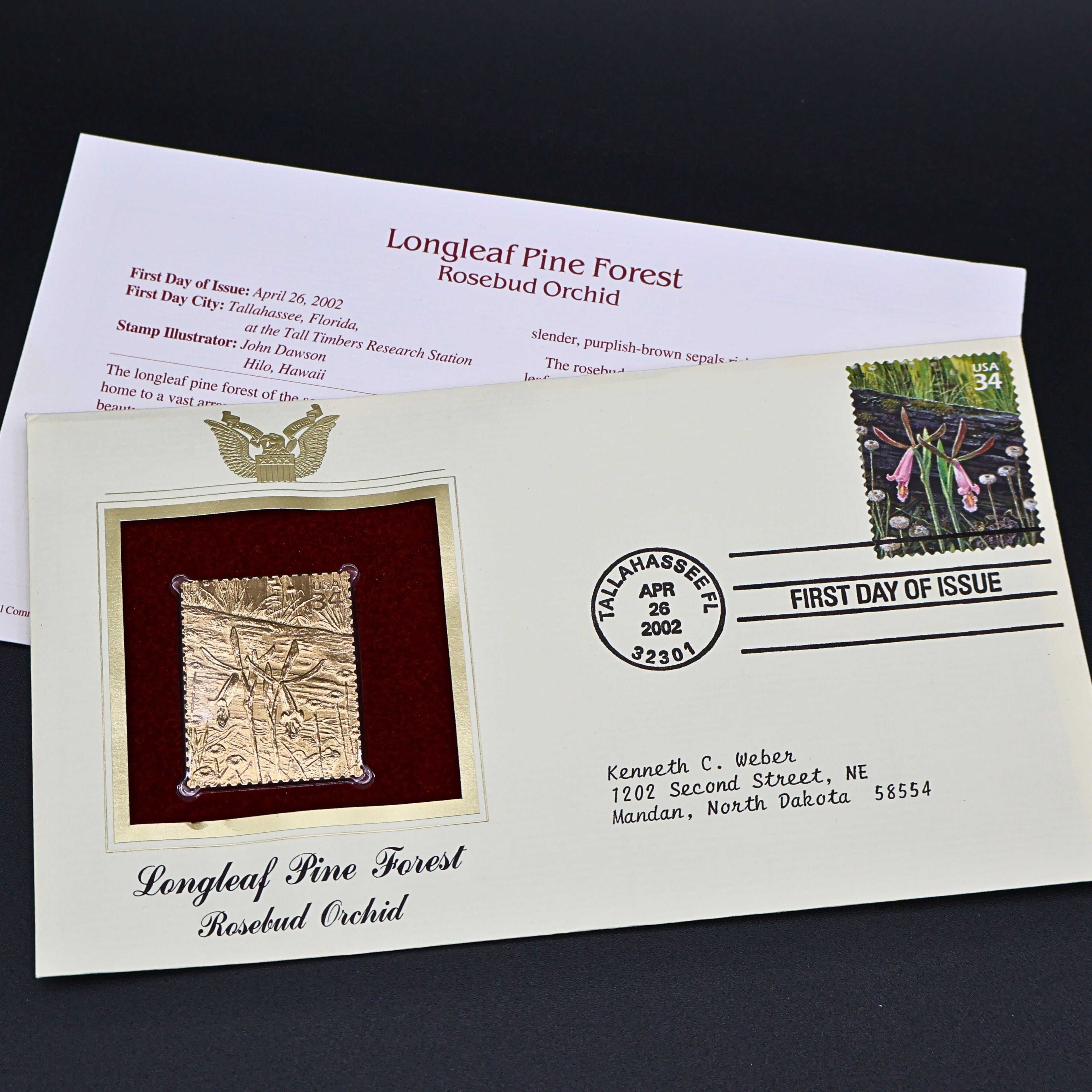 2002 Longleaf Pine Forest First Day Cover Set of 6 | USPS Nature of America 22kt Gold Replica Stamp Collection