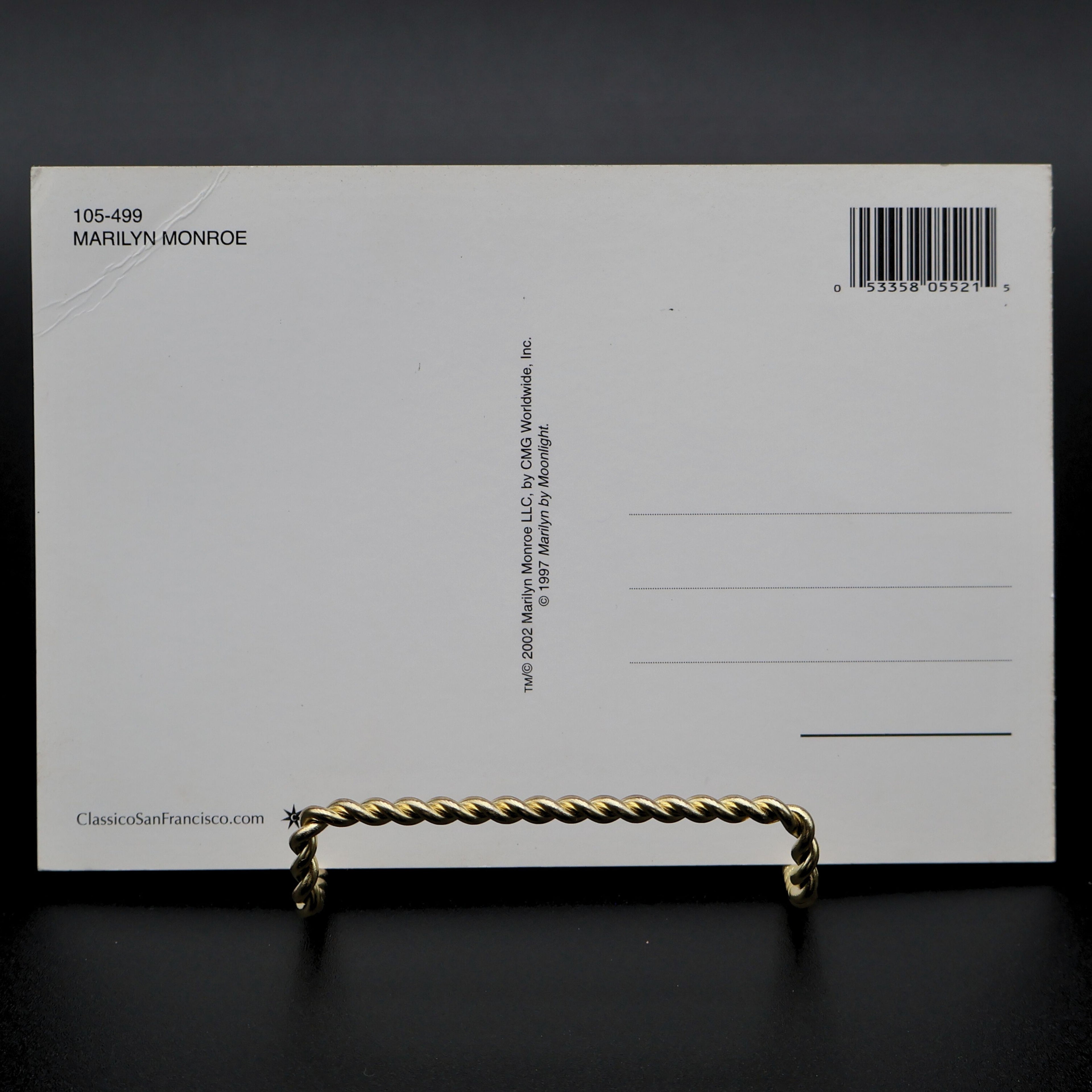 Back of Marilyn Monroe licensed postcard by Classico San Francisco 105-499 showing publisher and barcode