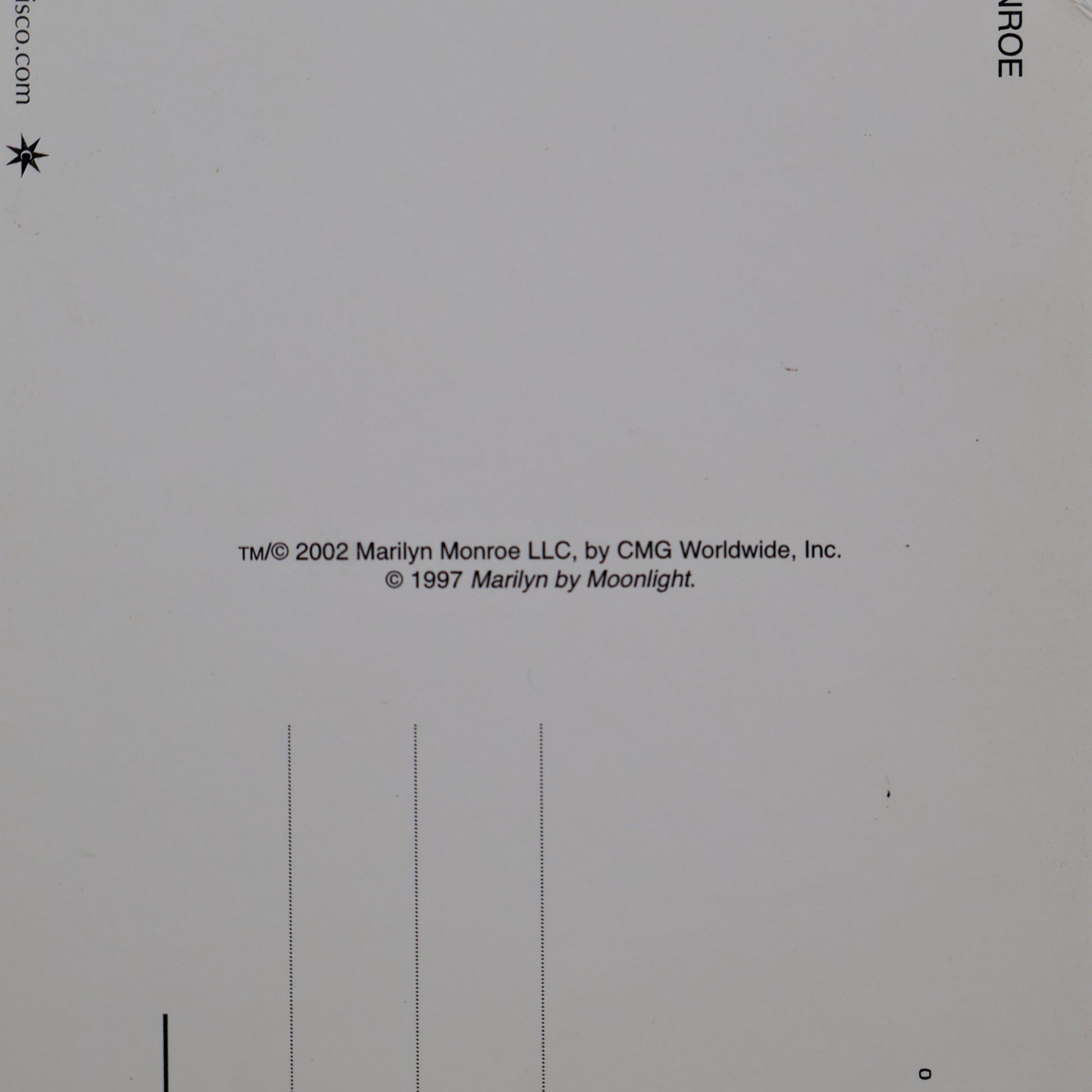 Close-up of 2002 Marilyn Monroe LLC copyright and licensing on Classico San Francisco postcard