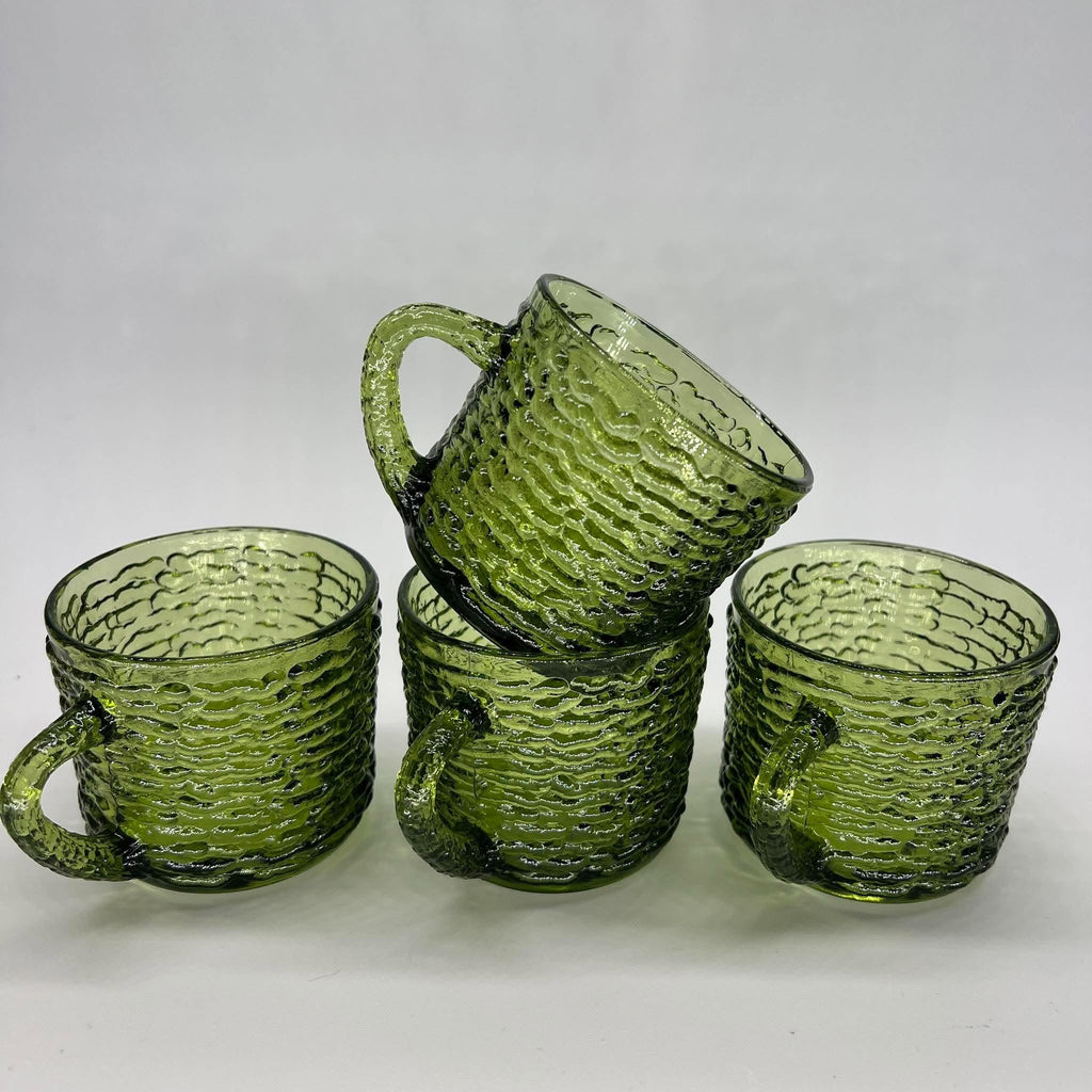 Vintage Anchor Hocking Soreno Avocado Green Punch Cups | Mid-Century Bark-Textured Glass