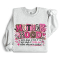 Ash grey Mother Hood graphic sweatshirt with pink leopard print text and motherhood humor quote in casual boutique flat lay.