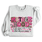 Ash grey Mother Hood graphic sweatshirt with pink leopard print text and motherhood humor quote in casual boutique flat lay.