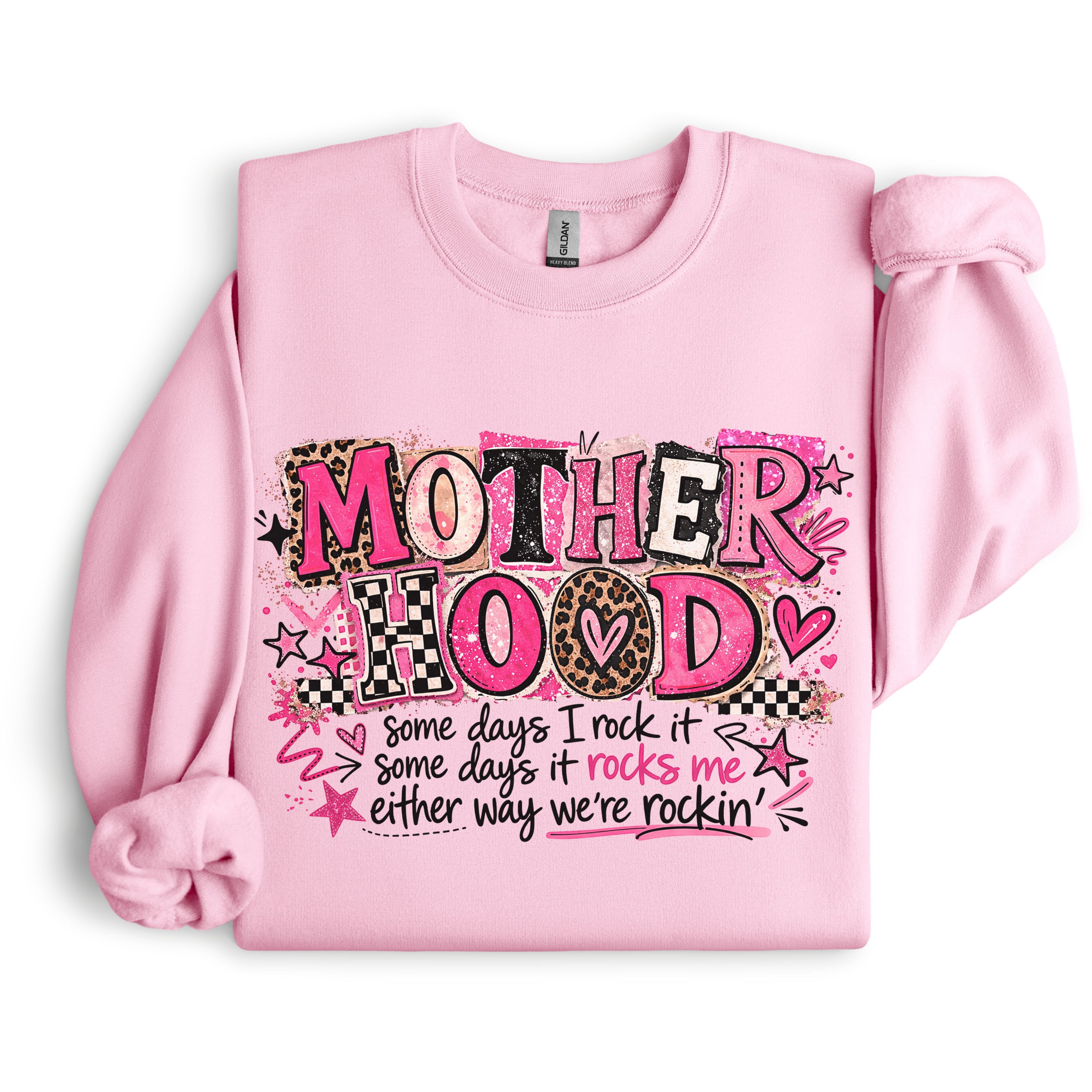 Pink Mother Hood graphic crewneck sweatshirt with trendy leopard print lettering and playful motherhood saying in flat lay mockup.