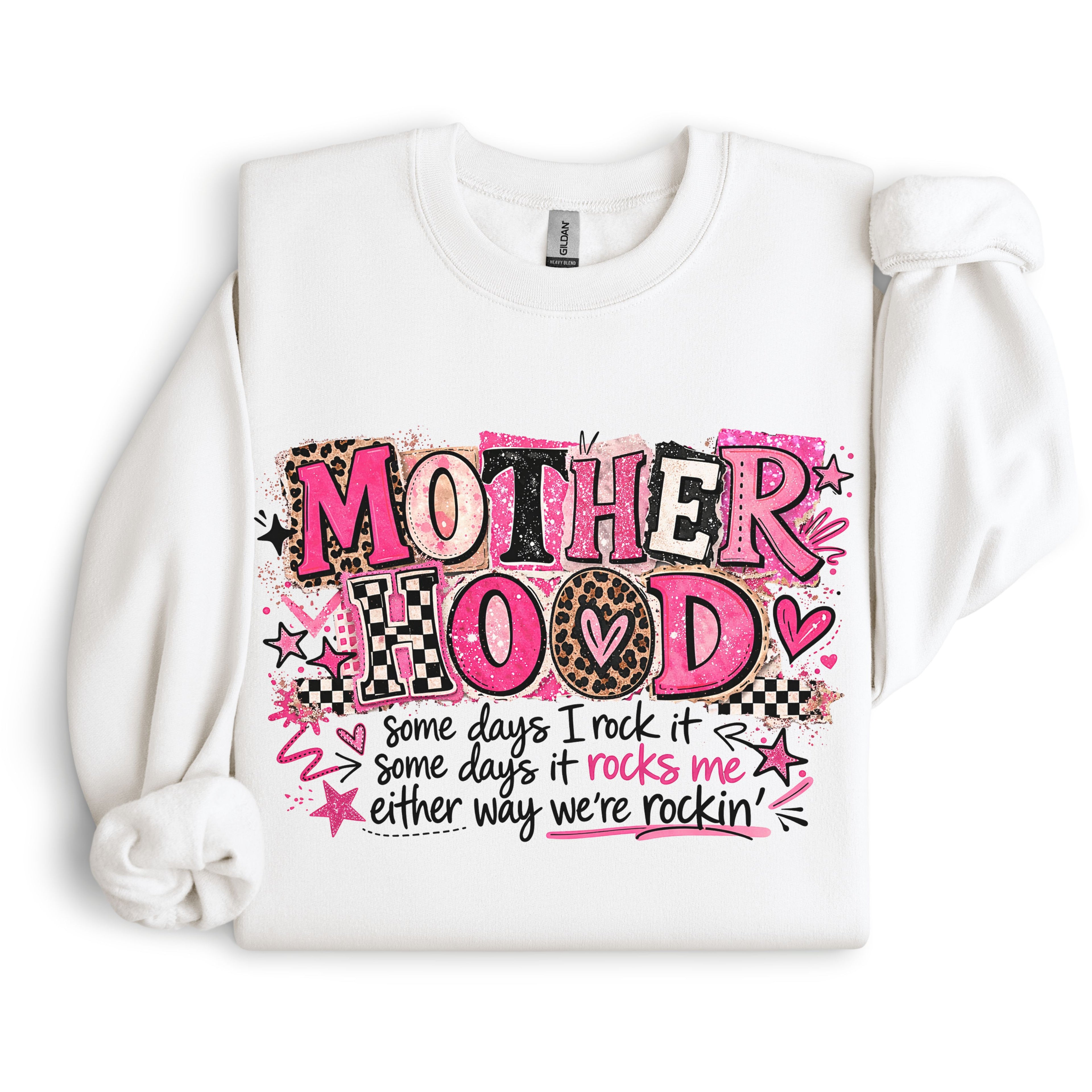 White Mother Hood graphic sweatshirt featuring pink leopard typography and motherhood quote shown in boutique flat lay product mockup.