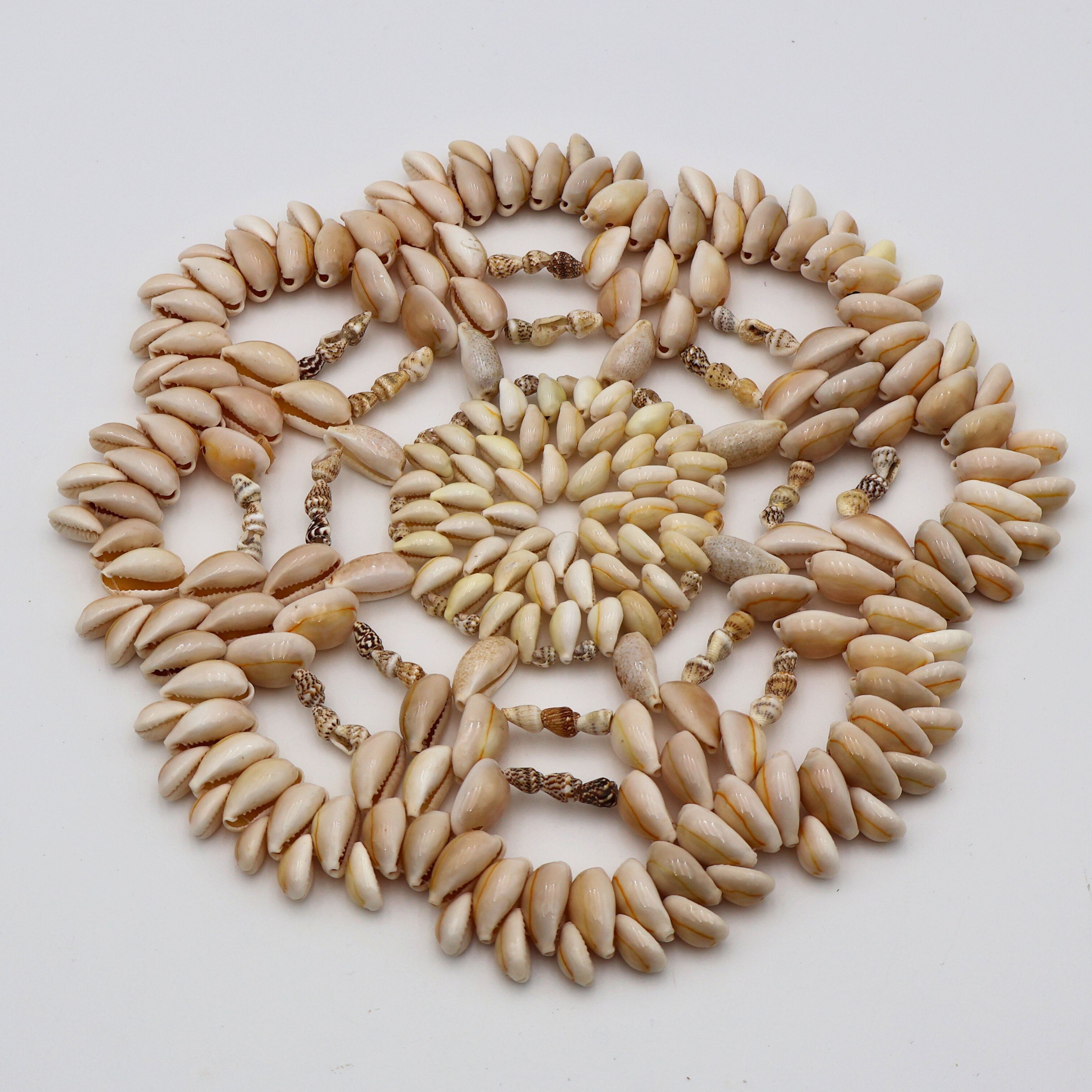 Overhead view of the complete vintage shell starburst trivet displayed against a white background, revealing the symmetrical handcrafted arrangement of cowrie shells, puka shells, and decorative shell accents forming a striking circular coastal design.