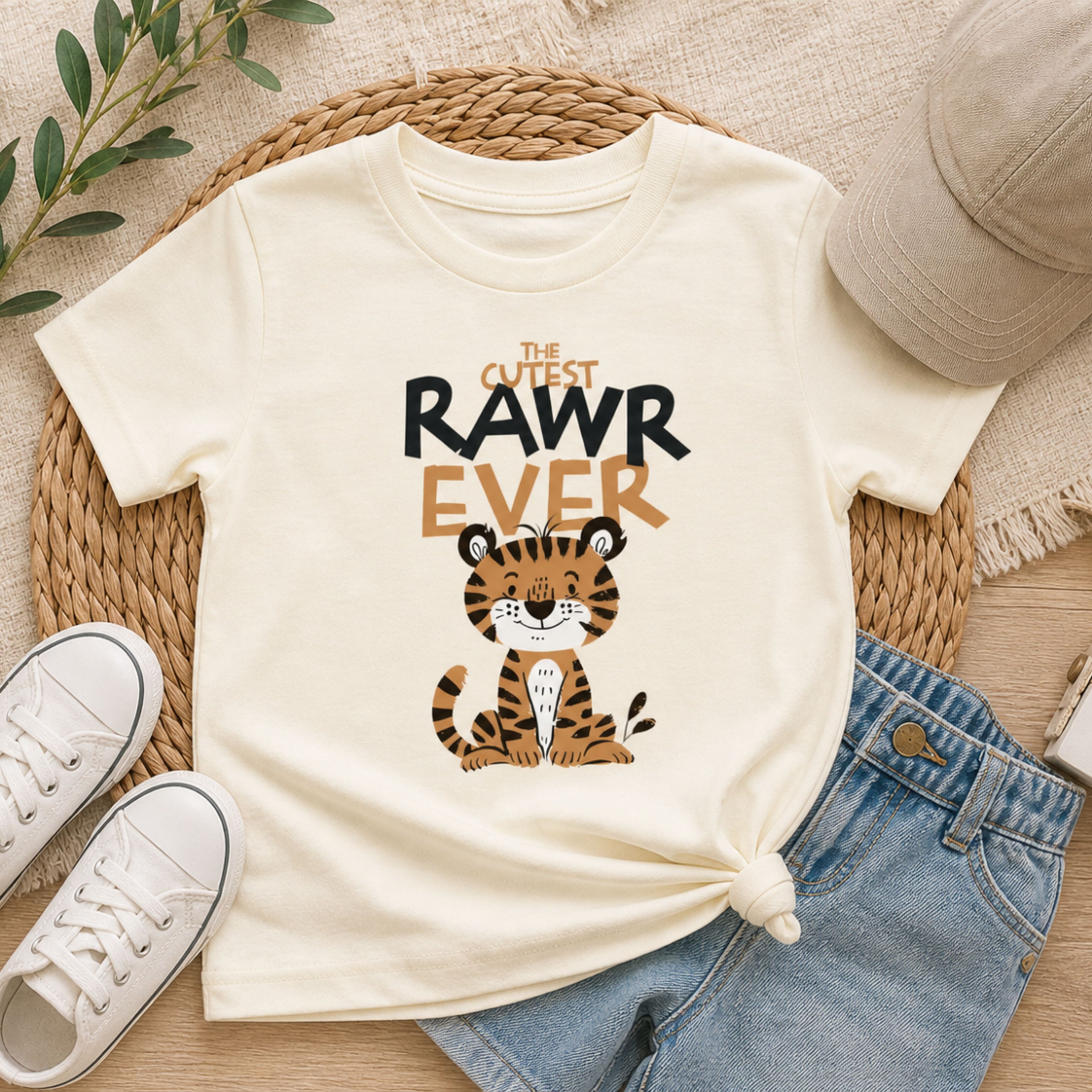 Neutral cream toddler shirt featuring a cute tiger illustration and “Cutest RAWR Ever” text, styled on a woven mat with greenery and a hat for a warm, earthy boutique children’s outfit aesthetic.