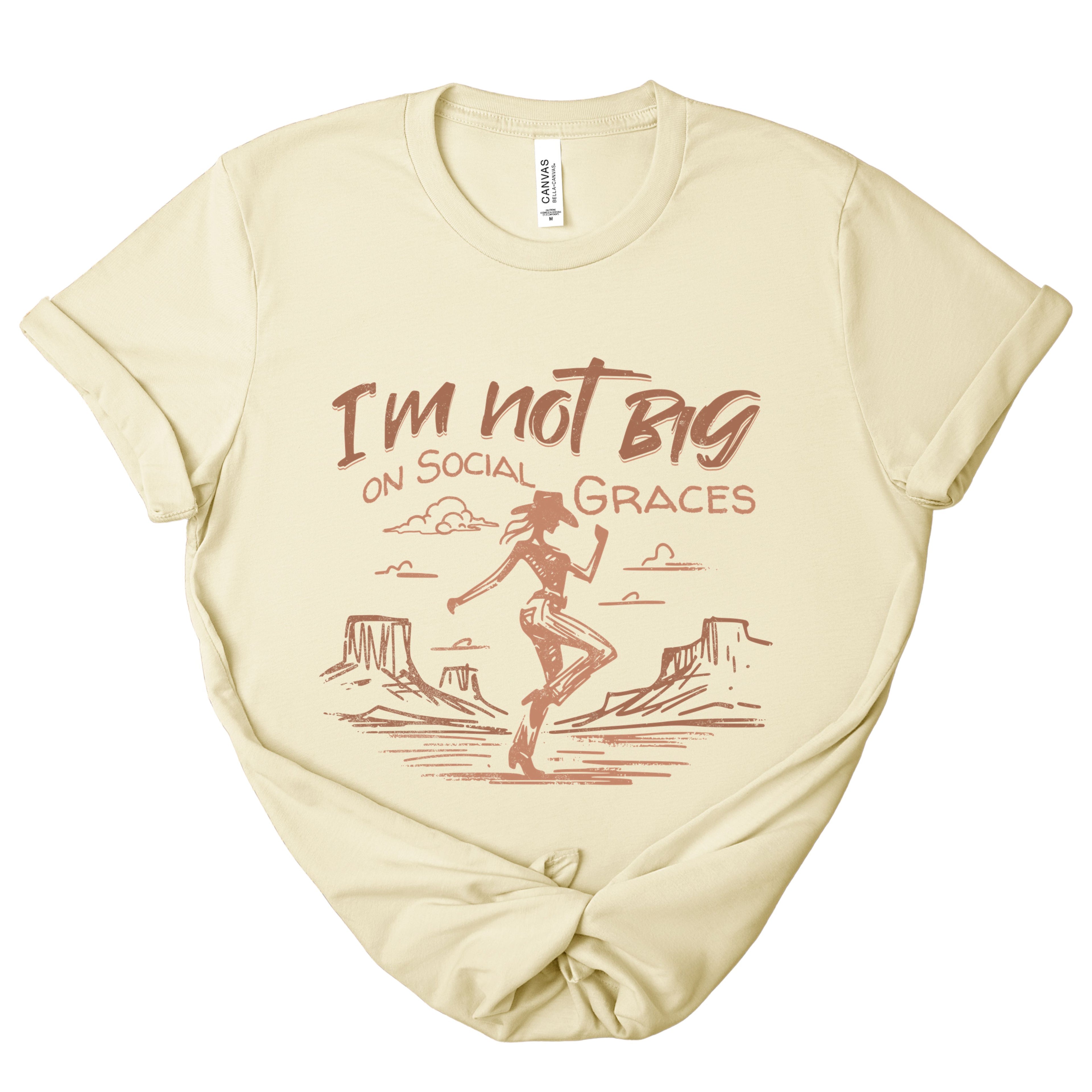 Natural color western graphic tee with minimalist cowgirl illustration and western desert scene, soft neutral boutique shirt perfect for casual outfits
