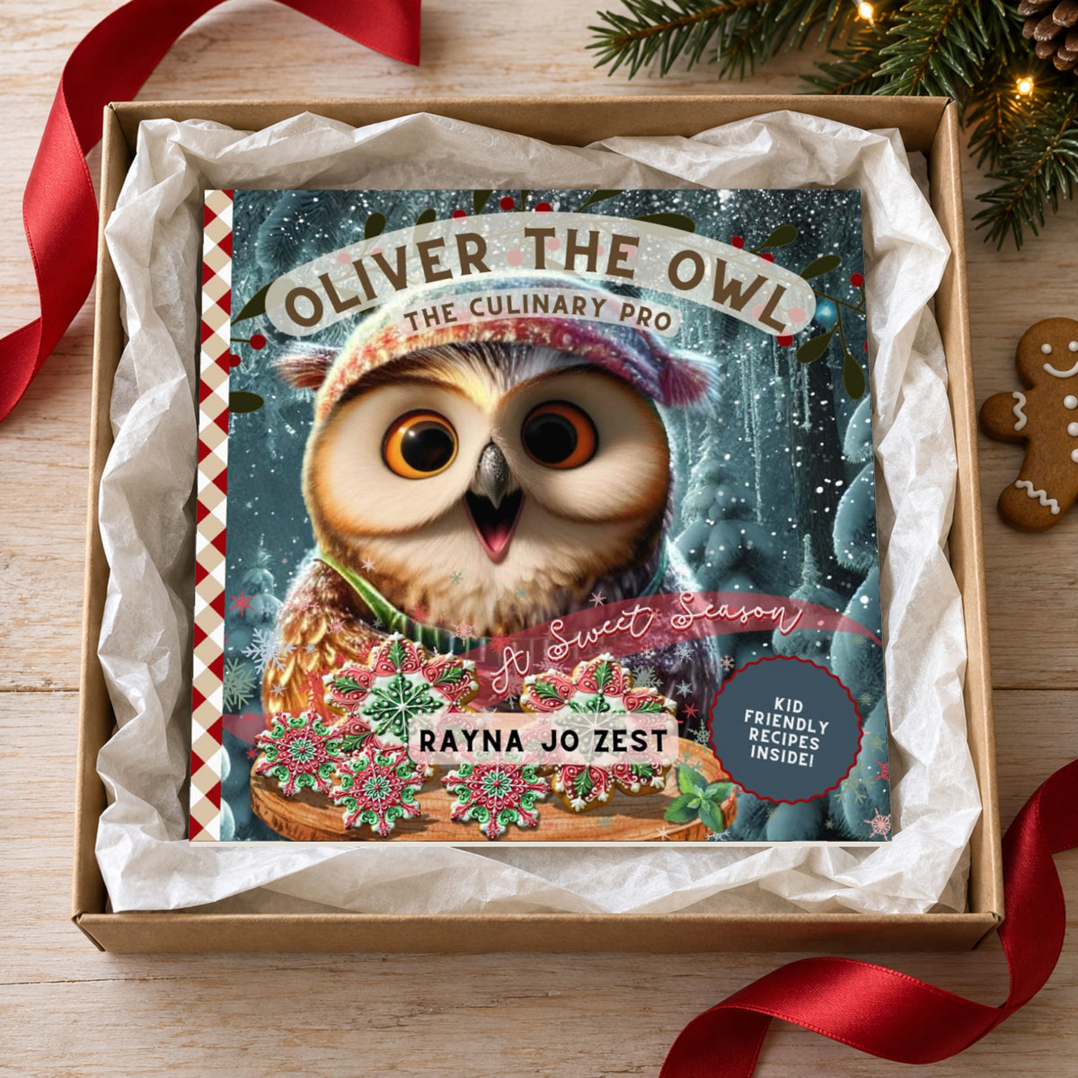 Oliver the Owl: A Sweet Season paperback displayed in a kraft gift box surrounded by white tissue paper, with red ribbon, evergreen branches and a holiday cookie nearby.