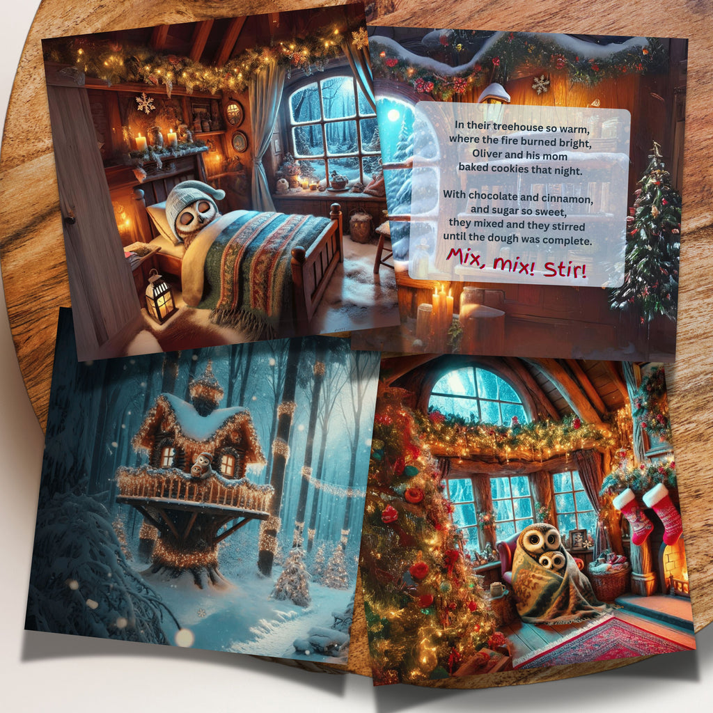 Interior preview of Oliver the Owl: A Sweet Season showing colorful Christmas story pages with Oliver in bed, a snowy treehouse, a festive kitchen and rhyming read-aloud text.