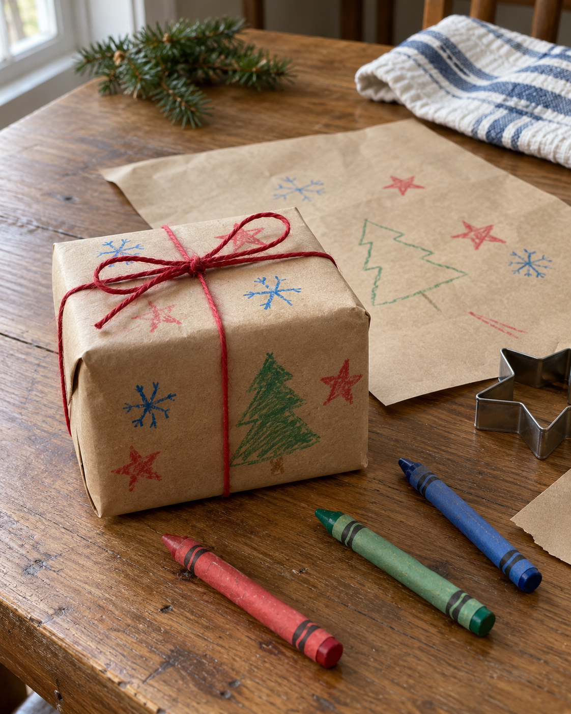 A gift wrapped in brown paper decorated with crayon Christmas trees, stars and snowflakes, beside crayons and a star cookie cutter, illustrating the handmade holiday wrapping paper activity in Oliver the Owl: A Sweet Season.